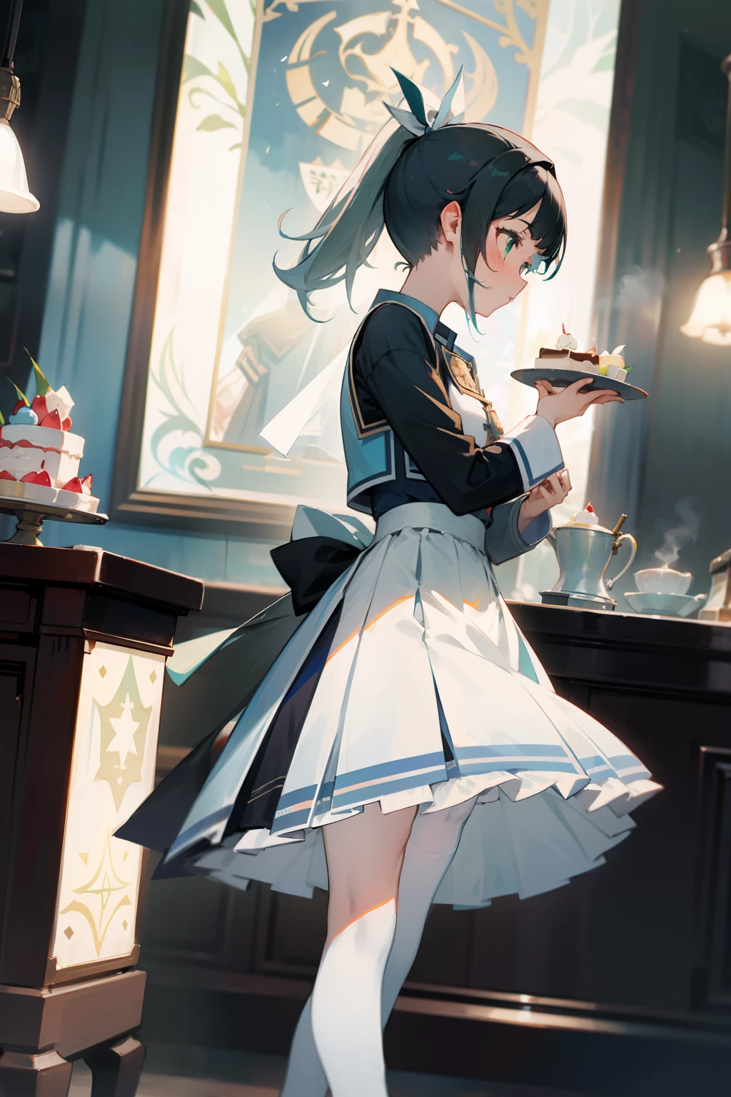 A double ponytail with green eyes,Girl with black hair,Wears a light blue JK uniform and white stockings,Small cakes in the restaurant,Bright lights,tmasterpiece,Highest image quality
