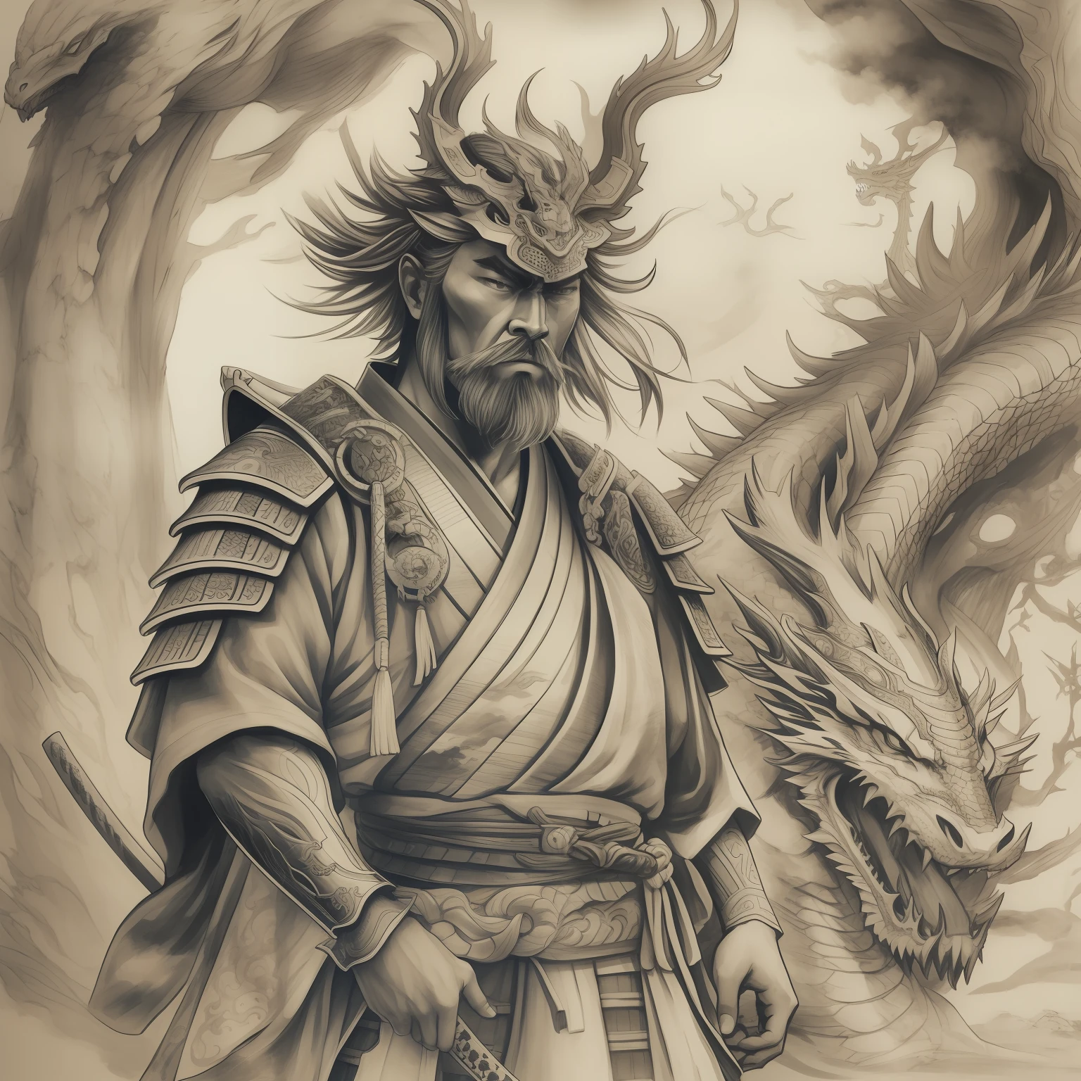 Ink sketch of a worried samurai standing in front of the dragon's head, highly detailed