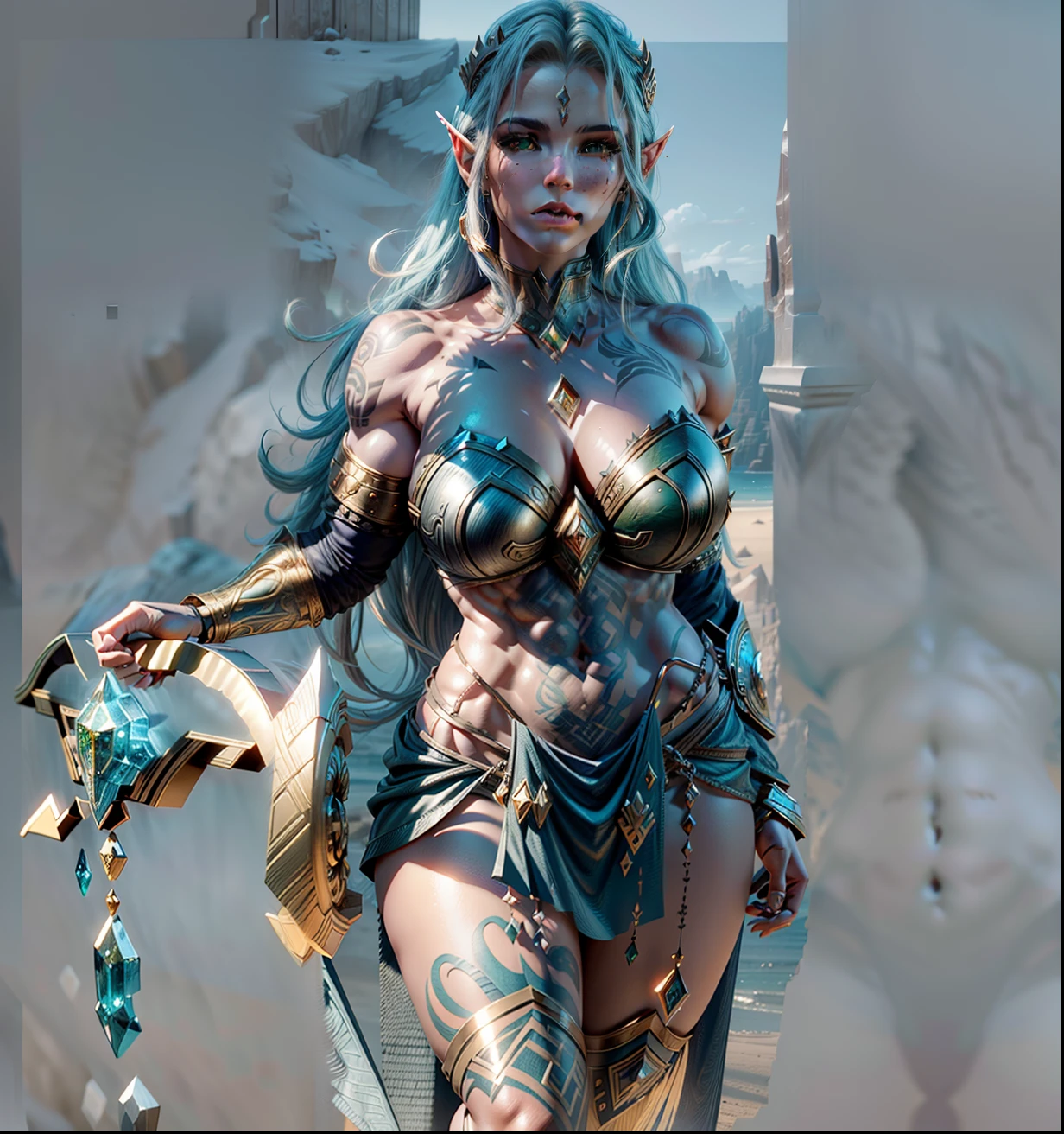 Asgard，valkyrie，Senhora Cavaleiro，Anatomia correta，epic fantasy digital art，tmasterpiece，8k，high-definition resolution，desenho detalhado，Qulidade Superior，, Epic composition, músculous body, tatuagem no ombro