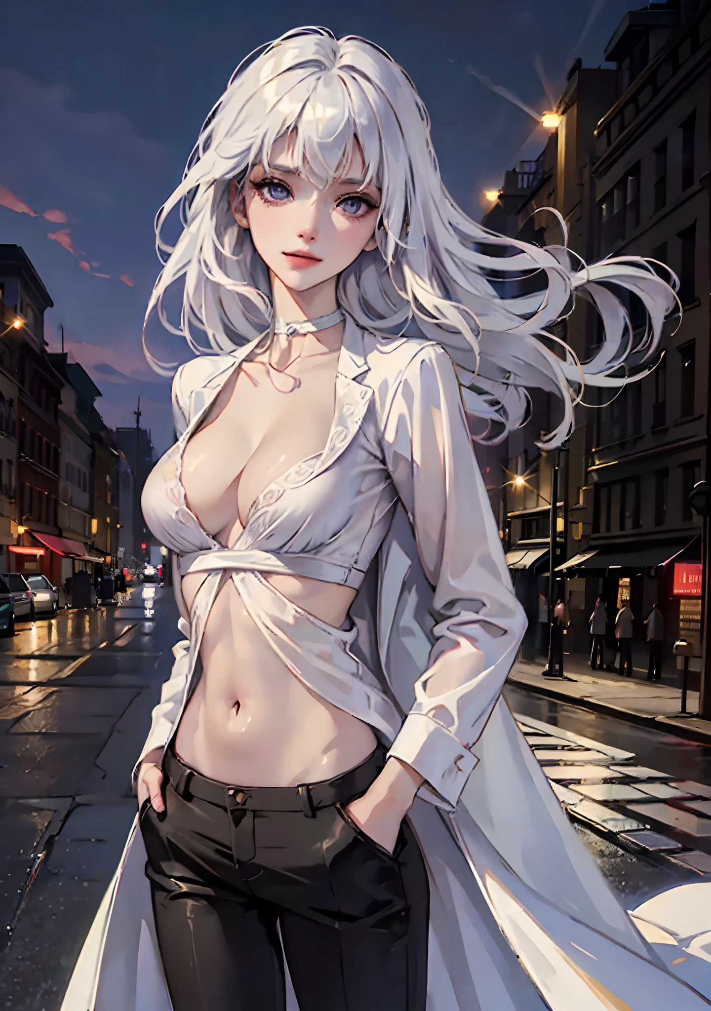 (masterpiece, best quality:1.2), cowboy shot, solo, 1girl, white hair, short wavy hair, purple eyes, average breasts, slender body, light smile, looking at viewer, hands in pockets, formal, suit, (braless), cleavage, black pants, choker, cityscape scenery, street, night light, night time, cigsmoker