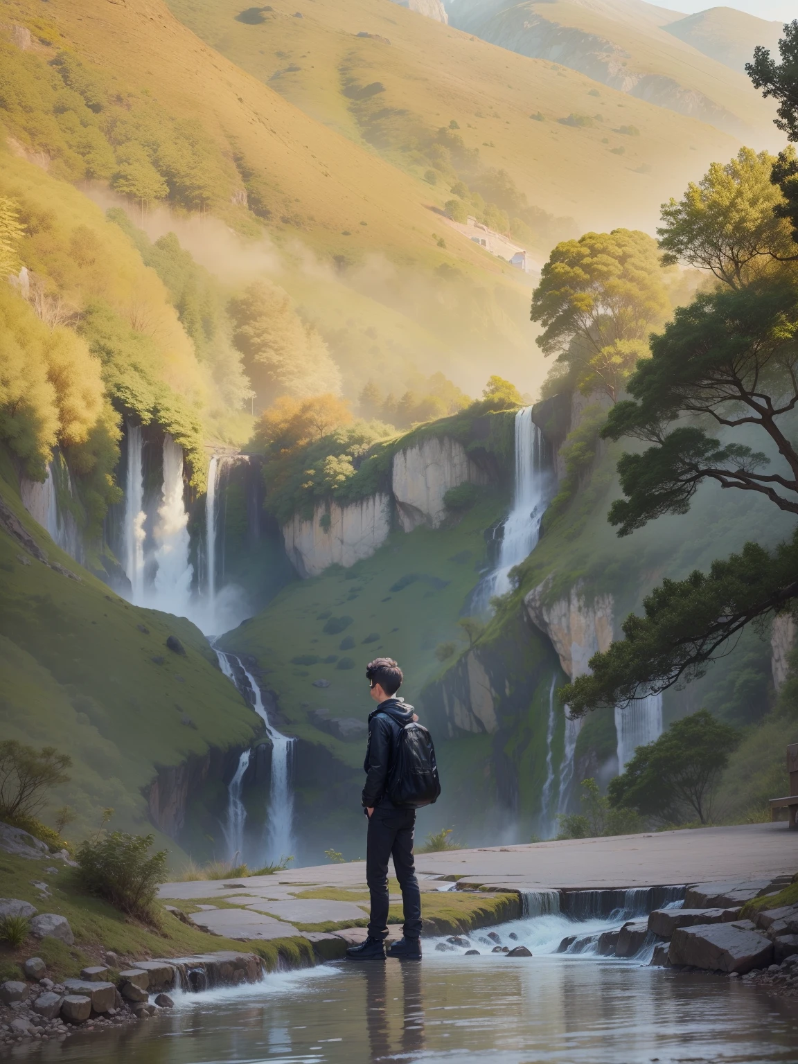 Cute boy with black bag at the top waterfall