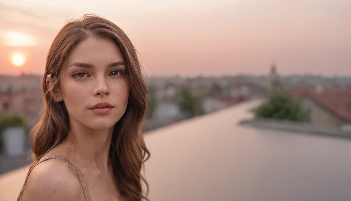 Beautiful girl enjoying rain on the roof of a house at sunset, 8K, Photorealistic