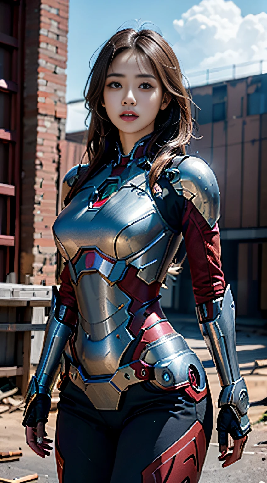 8k, realistic, attractive, highly detailed, a 20 year old girl a sexy and attractive woman inspired by Iron Man wearing a shiny Iron Man mech. She dresses with sexiness and confidence, perfectly interpreting Iron Man&#39;s strength and charisma. The abandoned warehouse serves as a backdrop, creating a unique atmosphere that highlights her bravery and perseverance. The cloudy sky adds a sense of tension and mystery to the whole scene. This high-definition, high-quality picture will bring you a shocking visual experience. The detailed abandoned warehouse and shiny mechs will keep your eyes on you. oc rendering, dramatic lighting, award winning quality