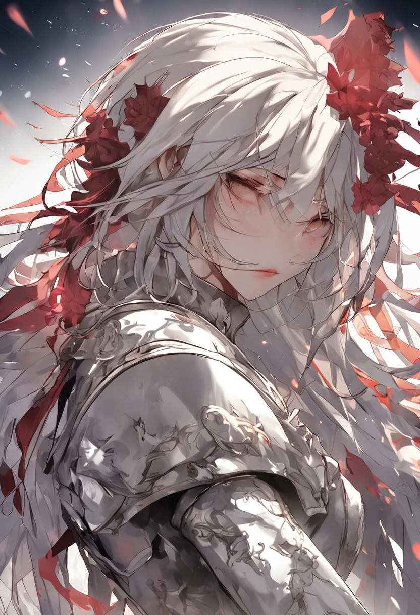 A sexy beautiful knight,long whitr hair,hair messy,There are wounds on the body
