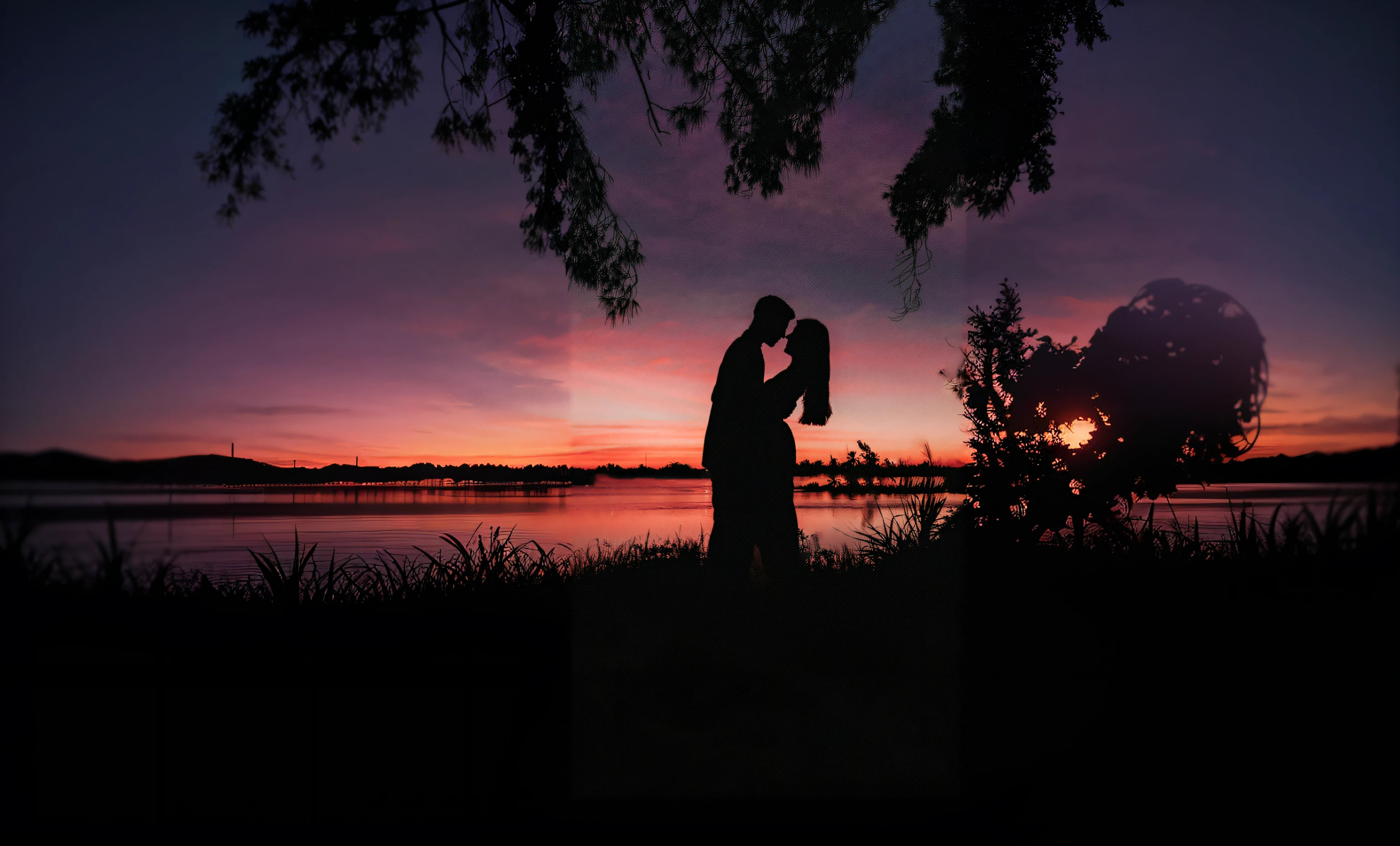 In front of the lake there is a silhouette of a man and a woman kissing, gorgeous romantic sunset, silhouette over sunset, romantic couple, Detailed silhouette, late sunset, at the sunset, silhouetted, couple kissing, outlined silhouettes, man and woman in love, In the sunset, late sunset, contours, couples portrait, silhoutte