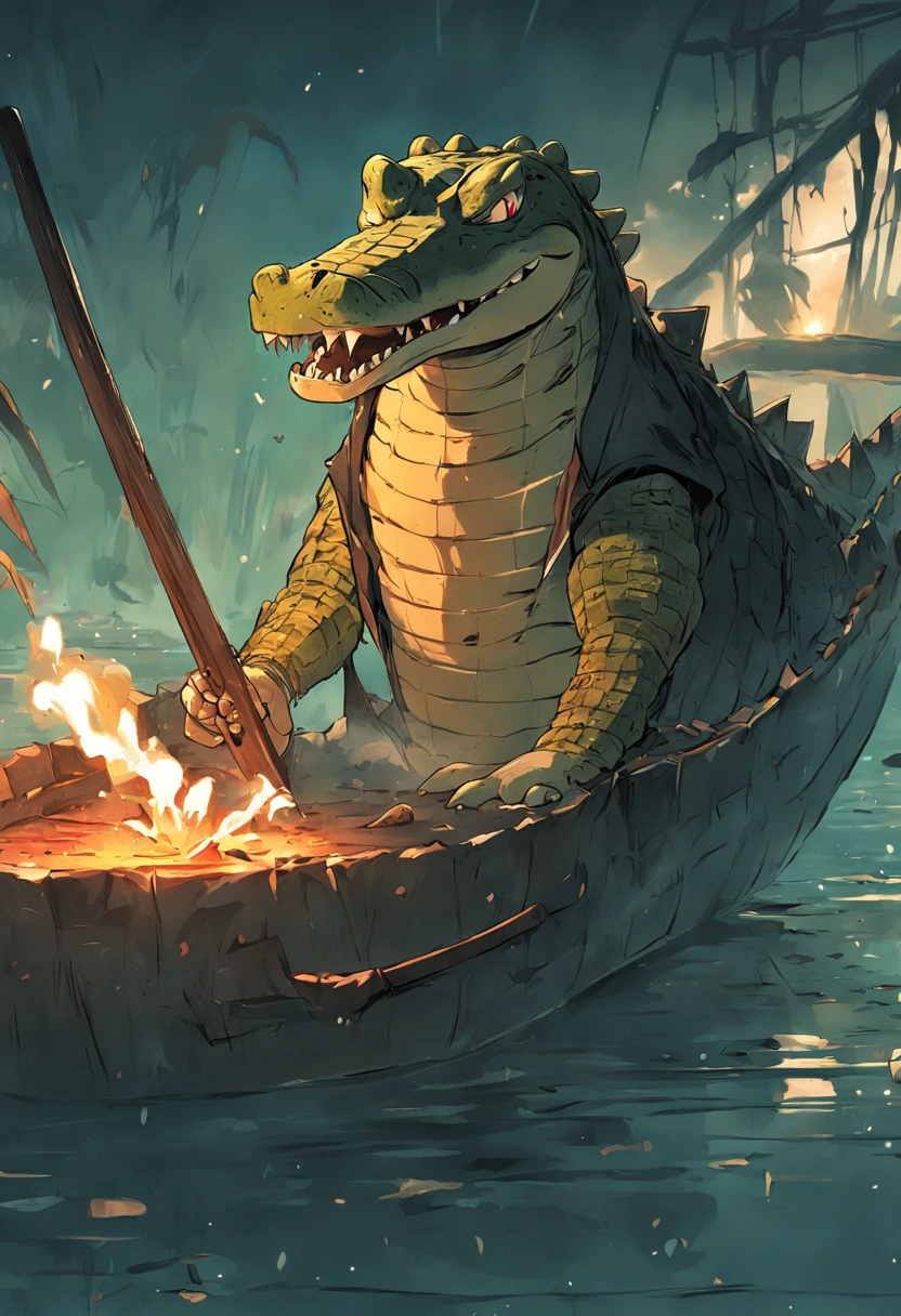 Humanoid crocodile pirate style,Smoking with a machete on the boat