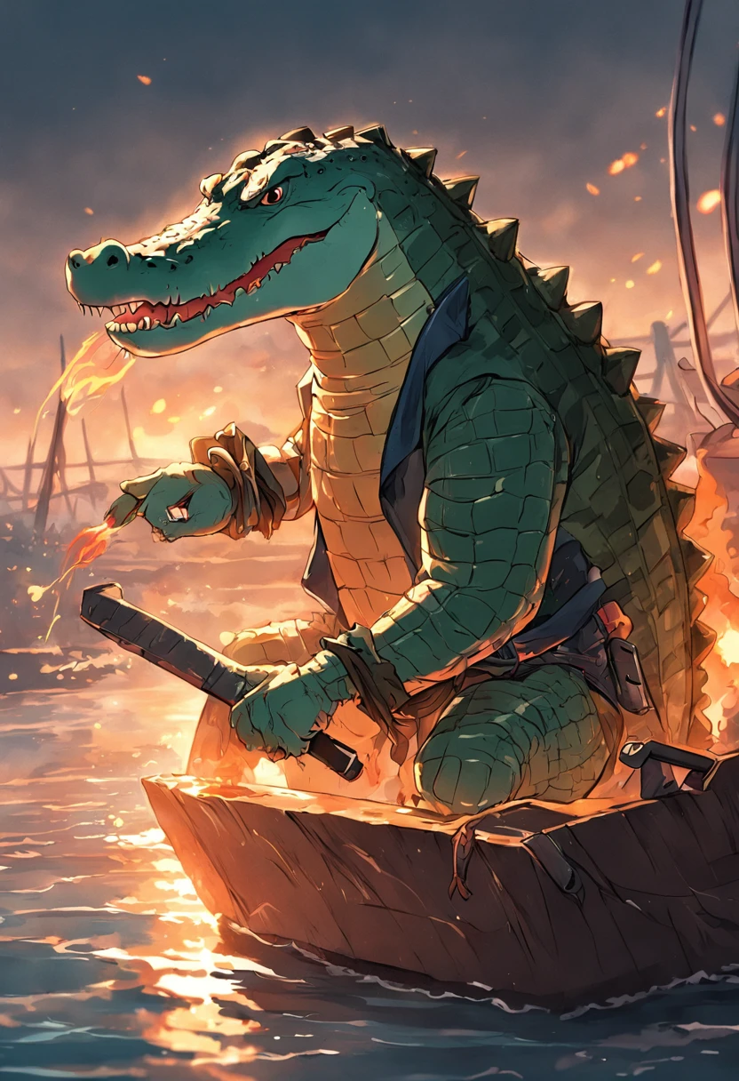Humanoid crocodile pirate style，Smoking with a machete on the boat