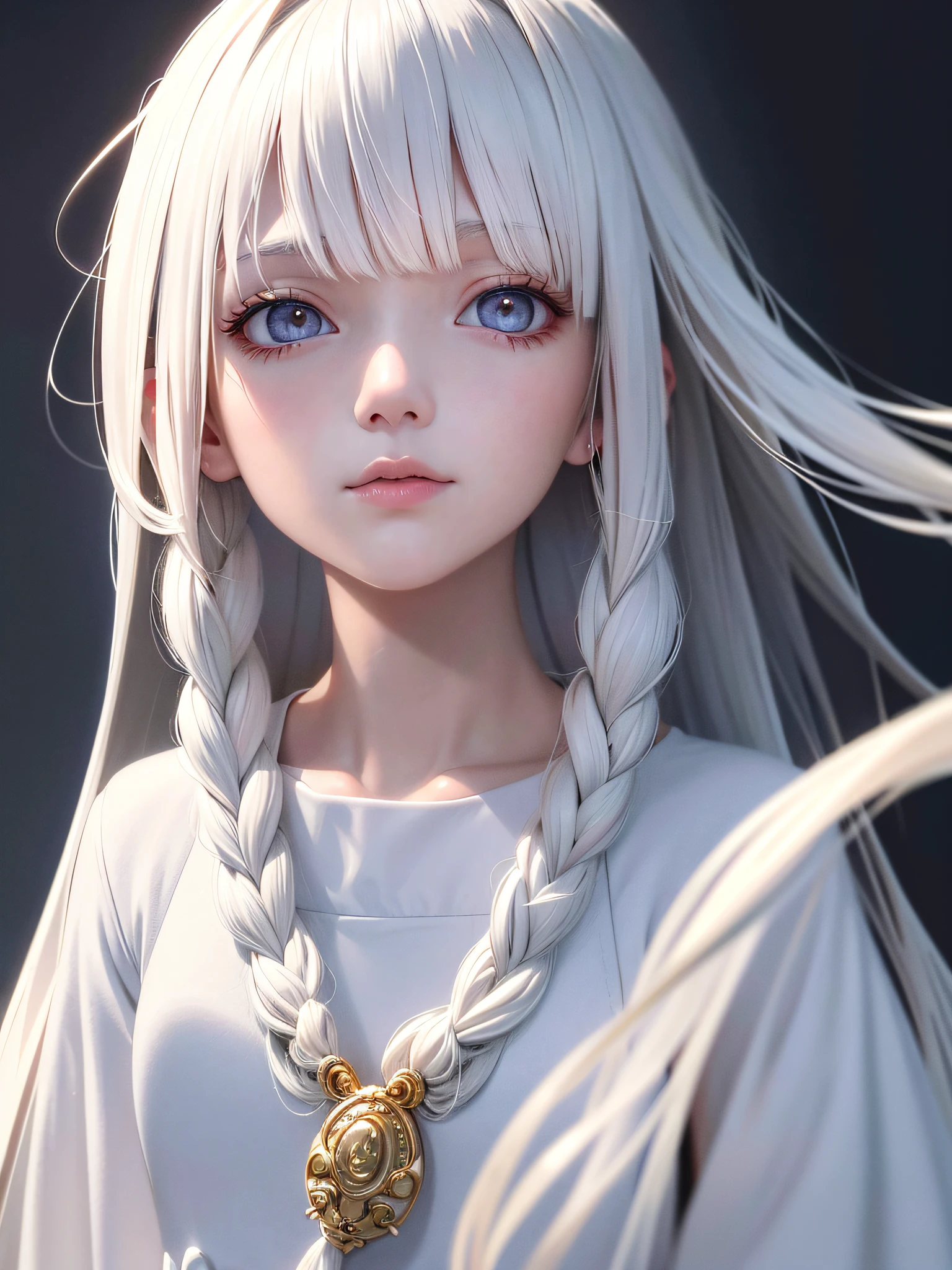 best quality, masterpiece,white hair, gold eyes,white clothes, looking up, upper body,hair strand,Fair skin,side braids