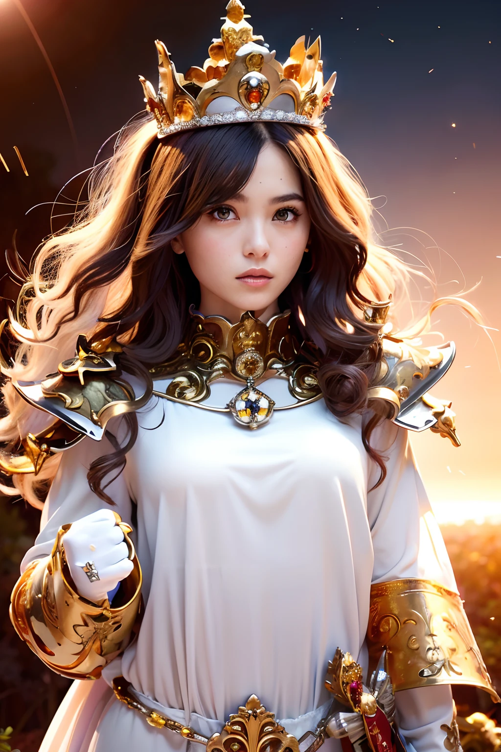 (masutepiece), Professional , ​masterpiece、top-quality、photos realistic , depth of fields ,（Wind element），close-up，dream magical，tornado，Lightning，（Gemstone Silver Jewel Body:1.９),(Matte White、Jewel Gold Weapon_（Metal:1.４),Gorgeous Jewel Metal Weapons , Detailed Sword of the Brave , Beautiful knife   ,warhammer 40k , adepta sororitas,Detail and ornate jewel crown、Brown hair、Gangle's forest background、Beautiful Caucasian beauty、１a person、dynamic ungle,(((Detailed and ornate diamond crown)))、Particles of light、