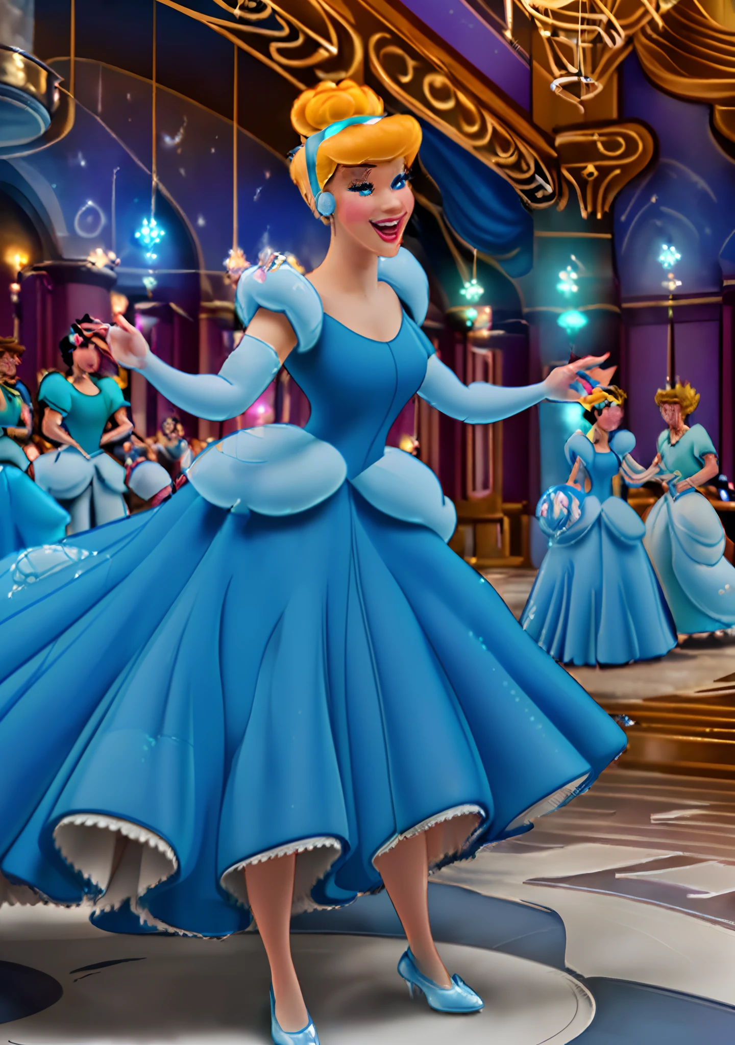 Fanyball room , 1girl , cinderlla (disney) , people dancing in the background , (fullbody, legs and shoes visible: 1.2)) expressive eyes, 1girl, pale skin, hair bun, iridescent hair, (gradient eyes), open mouth smile, cute pose,
((🌌🪄👗🥿 theme : 1.4)) ((dreamy blue princess dress)) detached short sleeves, puffy dress cute blue shoes ((hyperdetailed clothing and fashion)) looking at you, vintage girl, blushing, (beautiful detailed eyes), (extremely detailed CG unity 8k wallpaper) (best shadow), ((an extremely delicate and beautiful)), (detailed light), ((depth of field)) big sparkling eyes, moe, splash art, cinematic lighting, frontal view, volumetric lighting maximalist photo illustration 64k resolution high res intricately detailed complex key visual precise linear
((in the dreamy ballroom castle surrounded by fancy tables and guests)) ((hyperdetailed scenery))