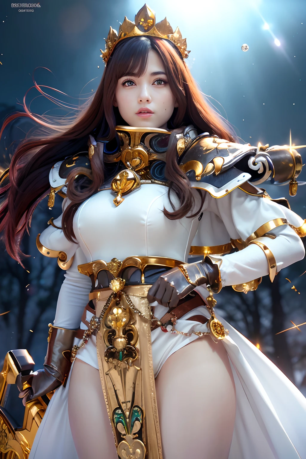 (masutepiece), Professional , ​masterpiece、top-quality、photos realistic , depth of fields ,（Wind element），close-up，dream magical，tornado，Lightning，（Gemstone Silver Jewel Body:1.９),(Matte White、Jewel Gold Weapon_（Metal:1.４),Gorgeous Jewel Metal Weapons , Detailed Sword of the Brave , Beautiful knife   ,warhammer 40k , adepta sororitas,Detail and ornate jewel crown、Brown hair、Gangle's forest background、Beautiful Caucasian beauty、１a person、dynamic ungle,(((Detailed and ornate diamond crown)))、Particles of light、