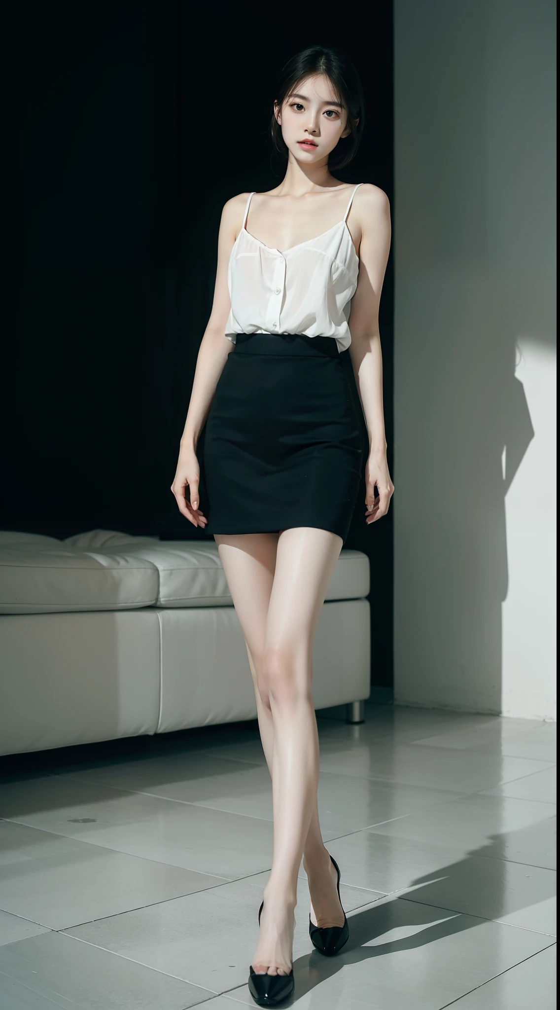 top Quority,Ultra-clear resolution,Clear eyes,plain face,s the perfect face,White skin,Perfect chest,with perfect legs,Long legs,Short black style skirt,Random environment