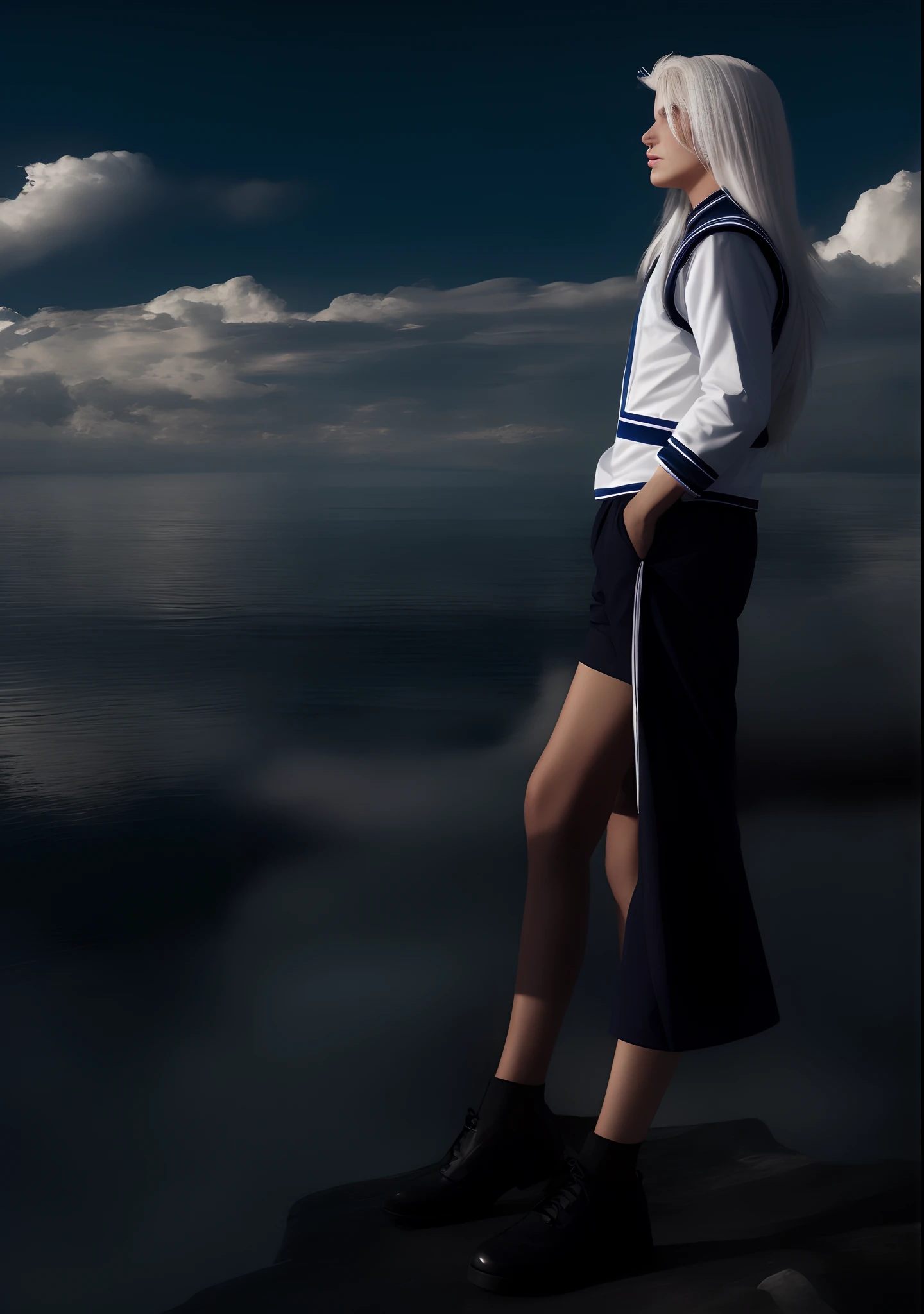 White hair, two-dimensional, sailor suit, long hair