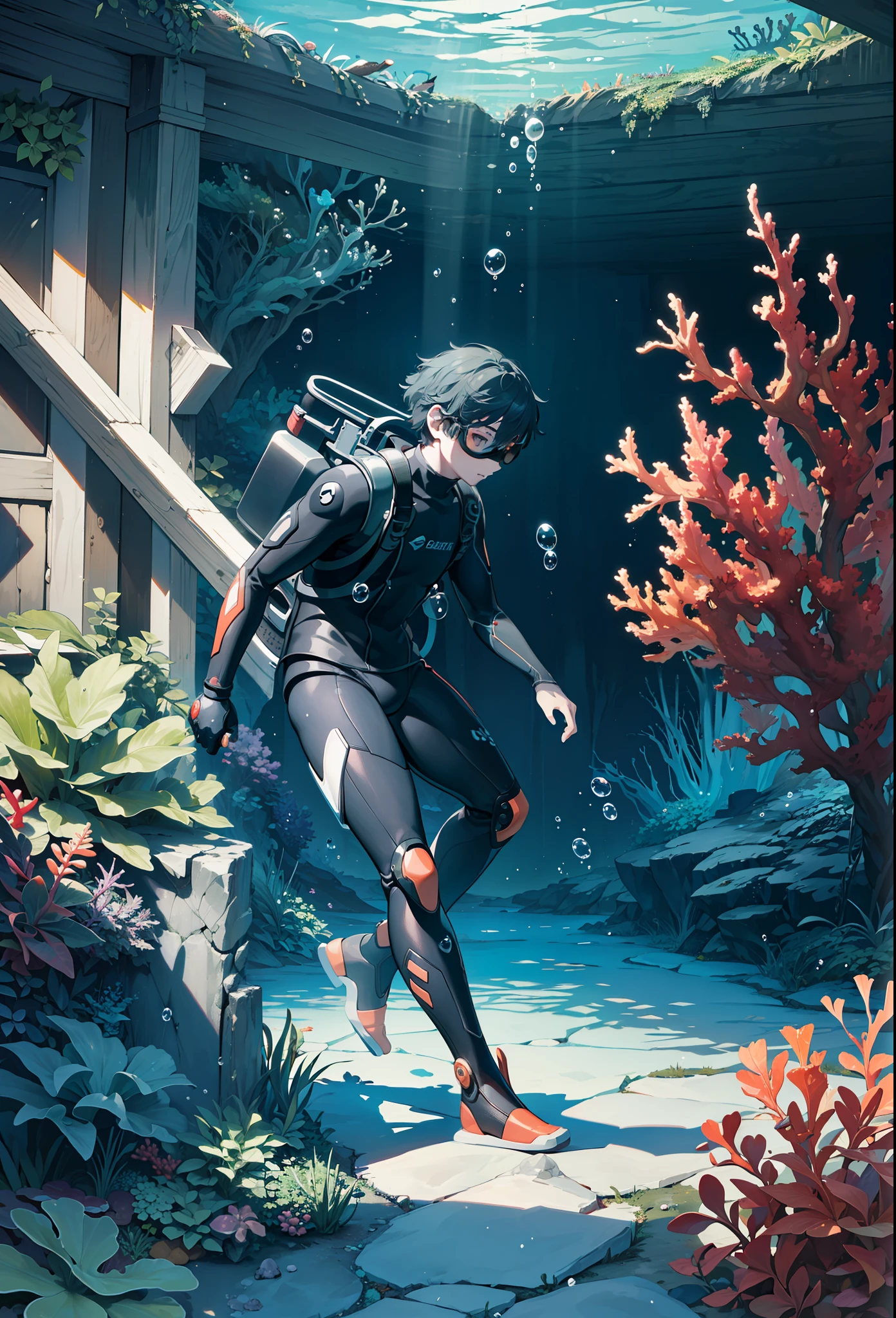 Masterpiece, best quality, (very detailed CG unity 8k wallpaper) (best quality), (best illustration), (best shadows), underwater garden, coral, seaweed, 1 man wearing a scuba diving suit, flippers, futuristic, full face scuba mask, swimming, underwater, bubbles, side view