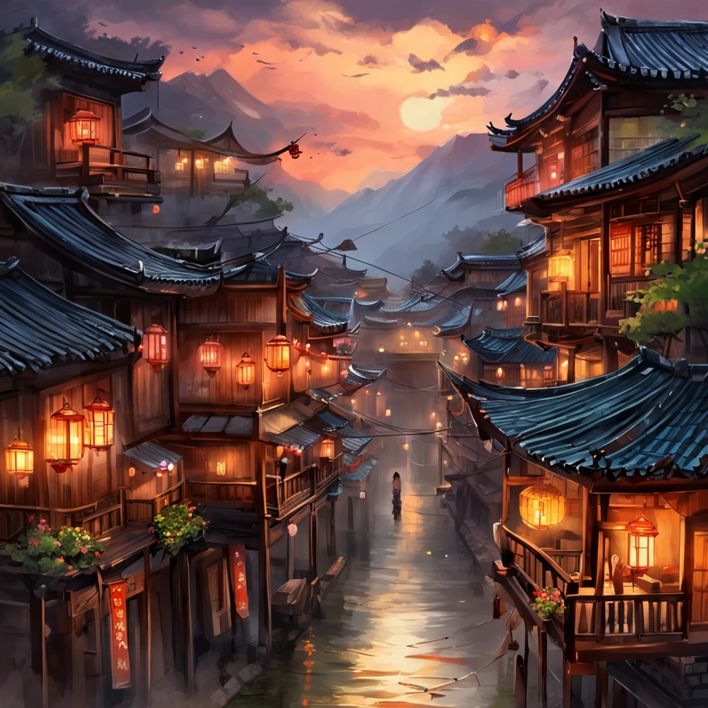 arafed view of a village with a lot of lights on the buildings, dreamy chinese town, chinese village, amazing wallpaper, japanese town, japanese village, hyper realistic photo of a town, old asian village, japanese city, by Raymond Han, rainy evening, cyberpunk chinese ancient castle, beautifully lit buildings, at evening during rain, beautiful and aesthetic, photography, cinematic, 8k, high detailed ((Heavy rain)))