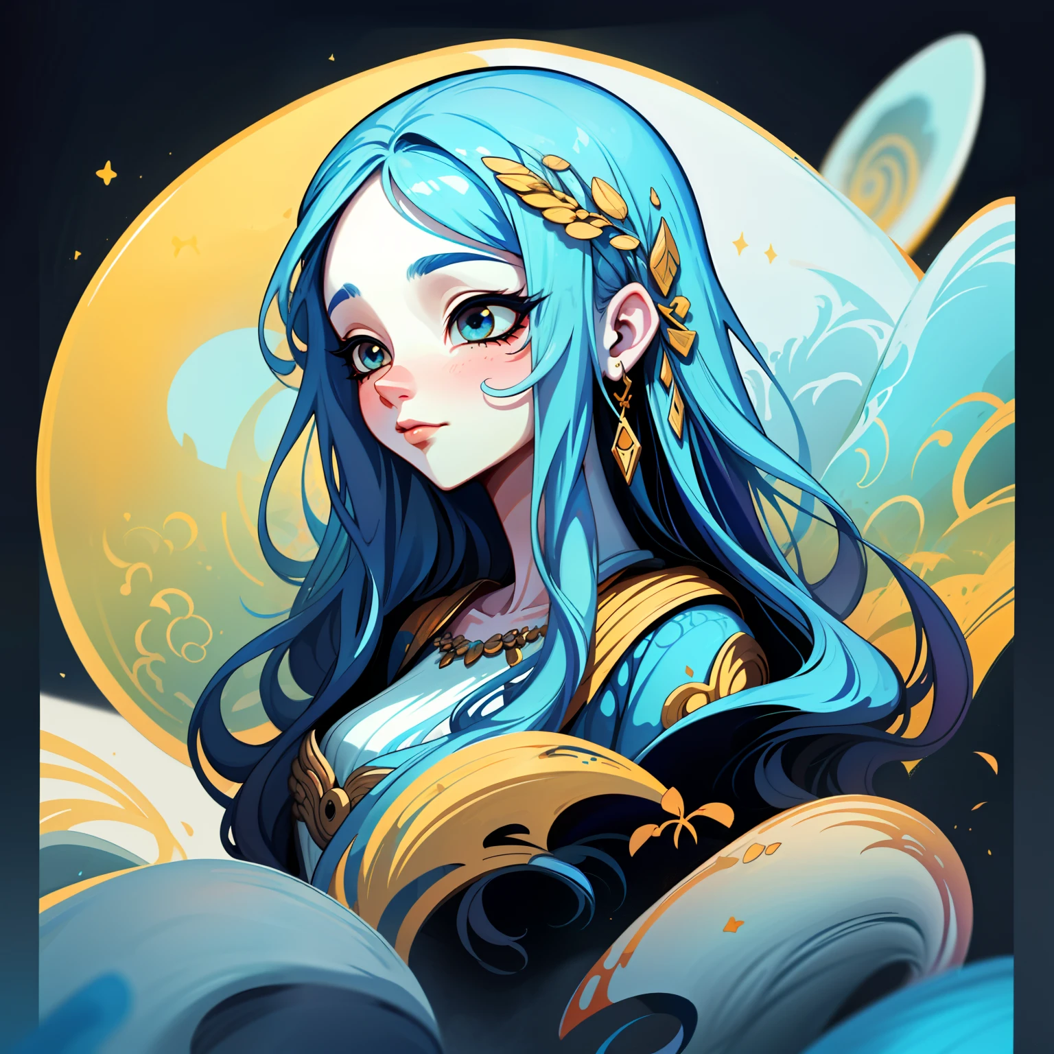 adesivo, fundo simples, portrait, 1 girl, girl with long hair, beautiful goddess girl, goddess aesthetic, beautiful girl, very beautiful fantasy art, beautiful and elegant female goddess, beautiful detailed fantasy, yellow and blue color palate, yellow color-theme