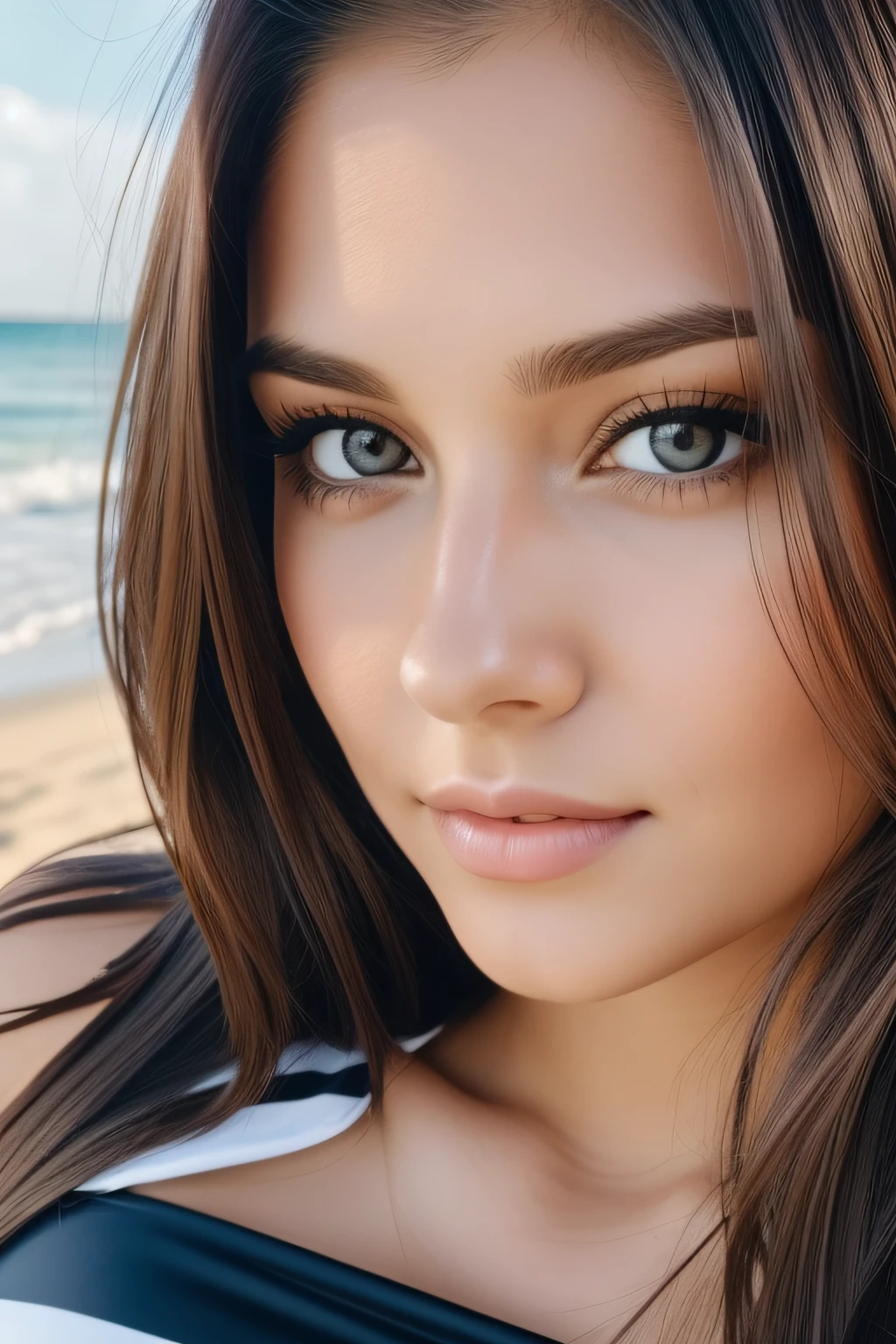 Green eyes, black hair with pony tail, wearing a dreamcatcher earring, ((looks seductive)), on a white-sand beach with palm trees,
((she has round breasts)),
(kleiner Kopf), ((detailliertes Gesicht)),
Weiches filmisches Licht, ((((Kino-Look)))), (fotorealistisch), (Raytracing), (scharfer Fokus), ((natural realistic skin texture)),
detailliertes Gesicht, detaillierte Lippen, detaillierte Augen, doppeltes Augenlid