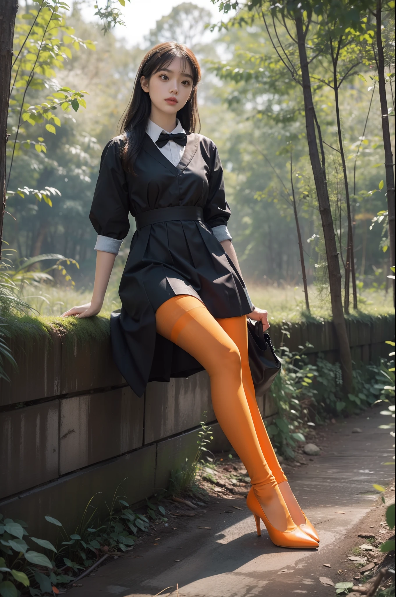 (full body:1.5),(1girl:1.3),(view the viewer:1.4),(anatomy correct:1.3),(sitting in the forest:1.2),(Wearing a school Style Dress:1.2),(Opaque orange pantyhose:1.3),( girl pointed thick heels :1.1),(Accurate and perfect face:1.3),(Long legs:1.3),hyper HD, Ray traching, reflective light, structurally correct, Award-Awarded, high detail, lighten shade contrast, Face lighting ,cinematic lighting, masterpiece, super detailing, high quality, high detail, best quality, 16k,High contrast,