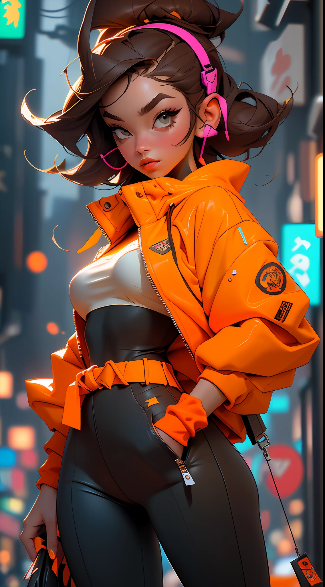 ((best qualtiy)),((tmasterpiece)),((Realistis))Hyper-detail photography with a book girl wearing neon headphones。She's having((brunette color hair)),Wear an orange tech jacket,Exuding((Beauty and aesthetics))The atmosphere。Bigchest