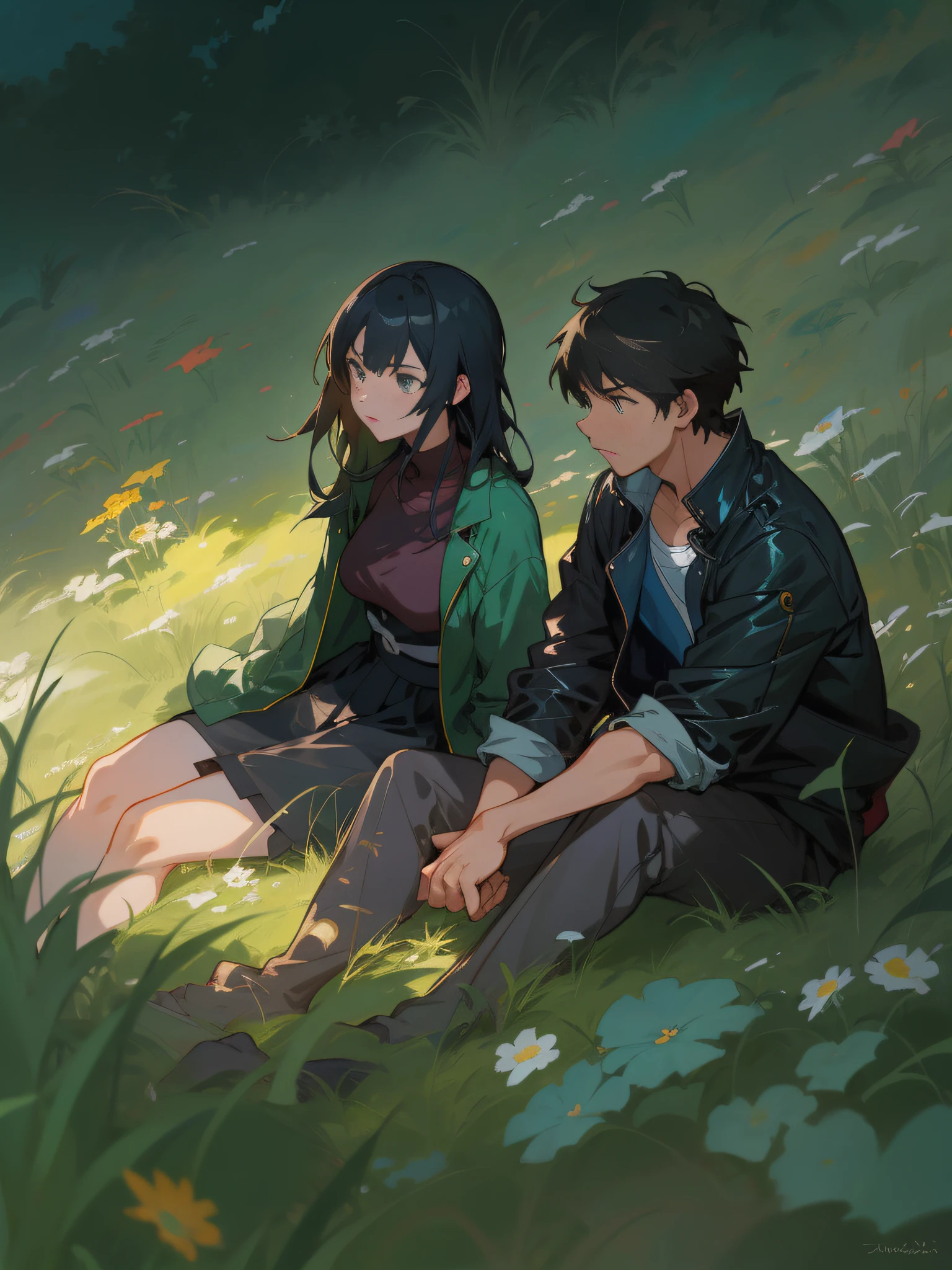 Anime couple sitting in grass with flowers in the background, artwork in the style of guweiz, guweiz and makoto shinkai, Makoto Shinkai and Tom Bagshaw, guweiz, guweiz on pixiv artstation, sakimichan and makoto shinkai, guweiz on artstation pixiv