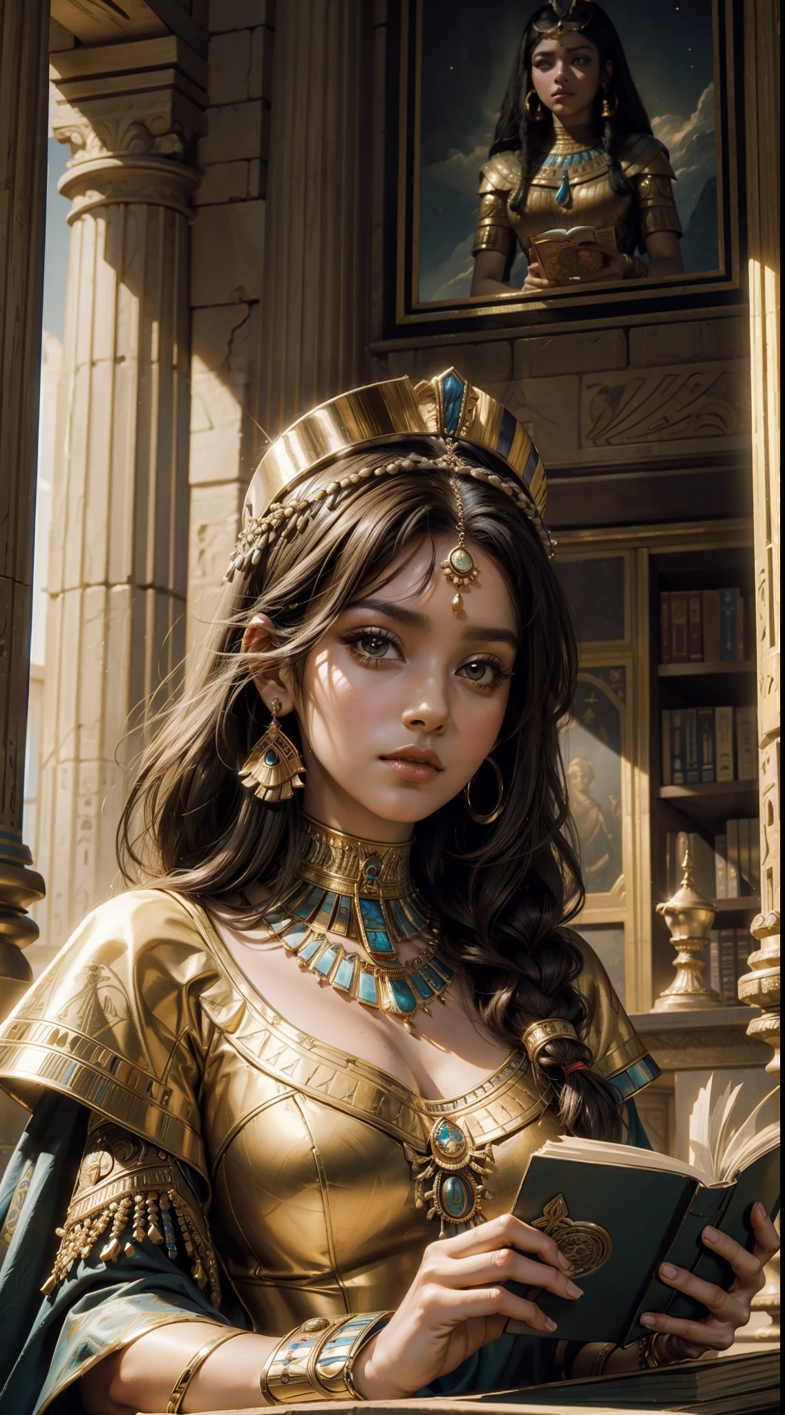 ((Best Quality, 8k, Masterpiece: 1.3)), Rawphoto, Photorealistic portrait of Queen Cleopatra reading a book in the library, beautiful, brown eyes, [short hair | dreadlock], regal egyptian attire, cinematic, high detailed, visually stunning, old egypt, natural looking, romantic