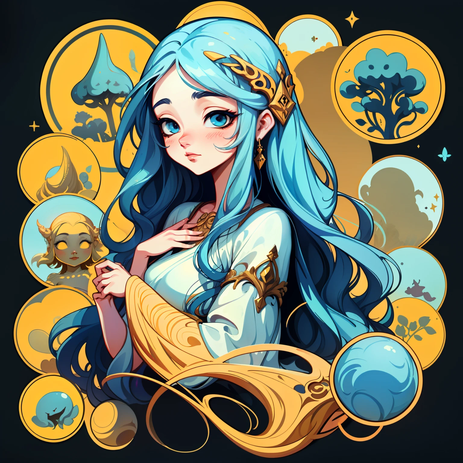 adesivo, fundo simples, portrait, 1 girl, girl with long hair, beautiful goddess girl, goddess aesthetic, beautiful girl, very beautiful fantasy art, beautiful and elegant female goddess, beautiful detailed fantasy, yellow and blue color palate, yellow color-theme