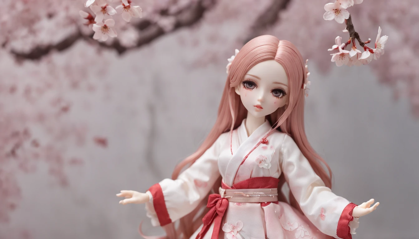 Doll standing in front of the painting、bionde、Crying face、Sengai、pixiv、rokoko、dollfie dream、watercolor Nendoroid、(High Definition Figure)、flowing sakura-colored silk、nendroid、highly_detailed!!,Cherry blossom petals、Flowing cherry blossom silk、Season!!: 🌸 ☀ 🍂 ❄