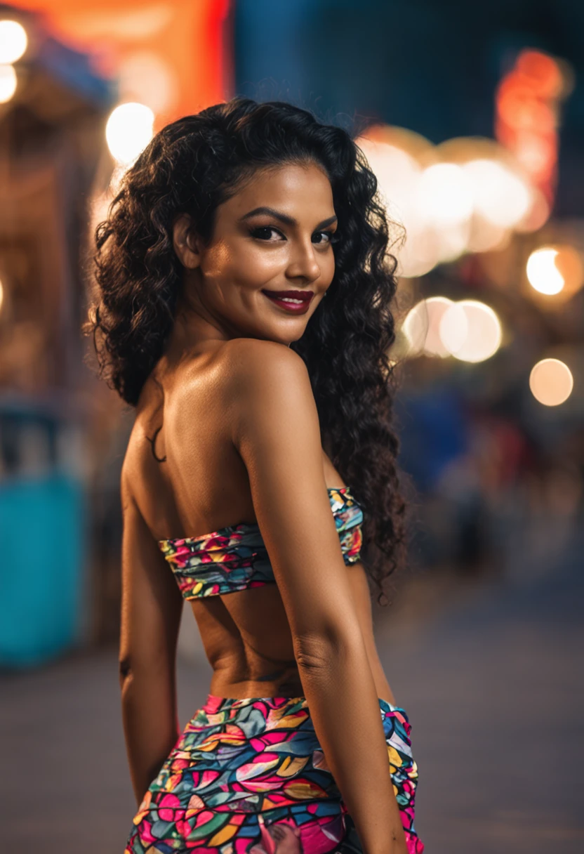 (mulher , negra, corpo magro), (cabelo liso, ondulado e cacheado), (maquiagem, batom), (mini skirt and strapless bikini)