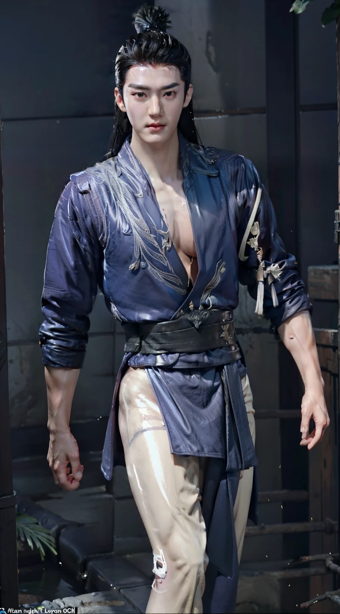 A tall muscular boy , Naked , Legs spread , （The whole body of the character），impact , Sweaty , Wet , Seductive , Bigboobs , large bulge , big balls , big assa，Exposing the pectoral muscles，Wu Yifan，