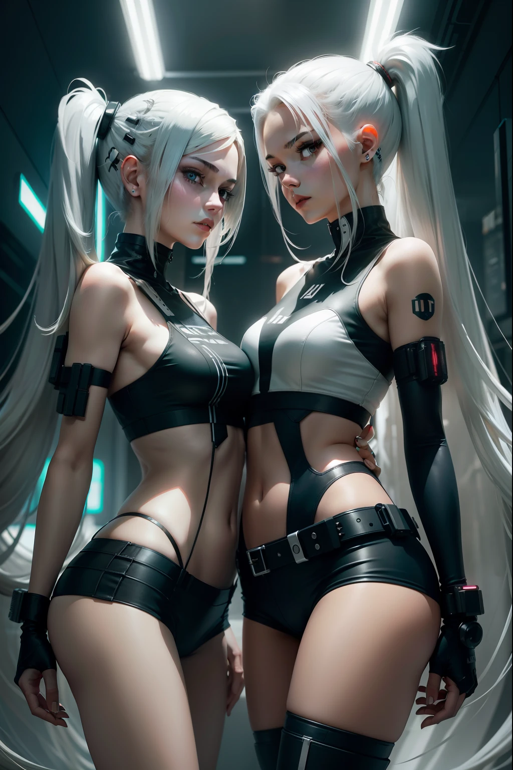 Two beauties with long single ponytails，Short white cyberpunk-style outfit，Long legs，Silvery hair，Beautiful face，