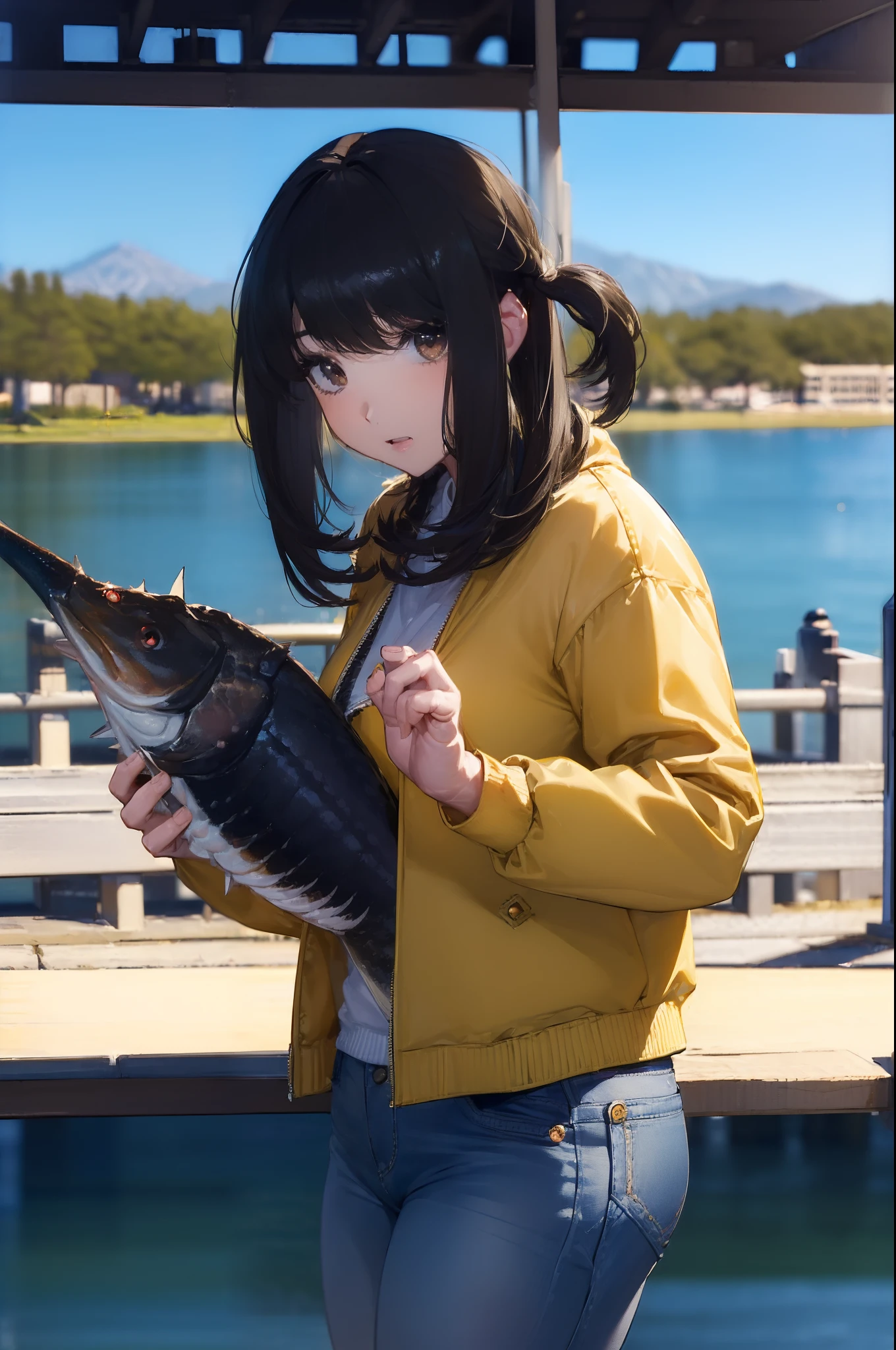 ((((Catch a big black bass by the lake:1.5)))),((Female 28 years old))((Best Quality:1.5)),(((Hands with the correct number and structure of fingers:1.4))),((Big fish:1.37)),hight resolution,ultra-detailliert,masterpiece,best qualtiy,Eight-headed body,Black hair, long eyeslashes, Solid Circle Eyes, drop shadow, Atmospheric perspective,Super Detail, ccurate, small brest,(Jackets and jeans :1.1),top-quality, blurry backround, bokeh dof:1.2, (masterpiece:1.3), Atmospheric perspective,Super Detail,dynamic compositions,top-quality、masterpiece、Very beautiful CG、finely detail、masterpiece