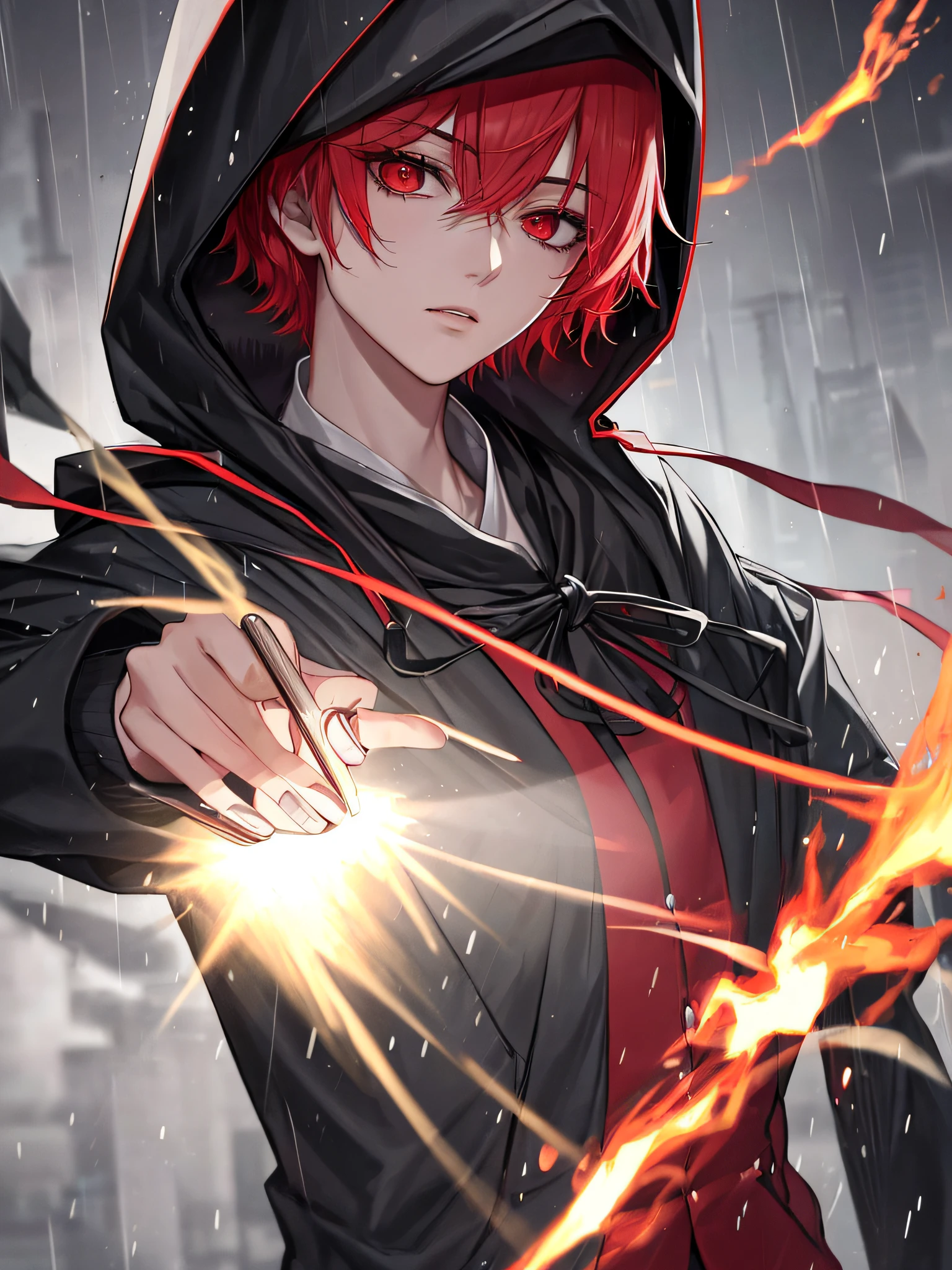kk, best quality, more details, mastery, 1boy, kaneki ken, portrait, male focus, red eyes, solo, bangs, looking at viewer, hood, short hair, rain, tokyo tokyo \(city\), hijabi sluty,Nail polishing,whaite hair,Luxury,8k,the detail,Ray traching,depth of fields,电影灯光,