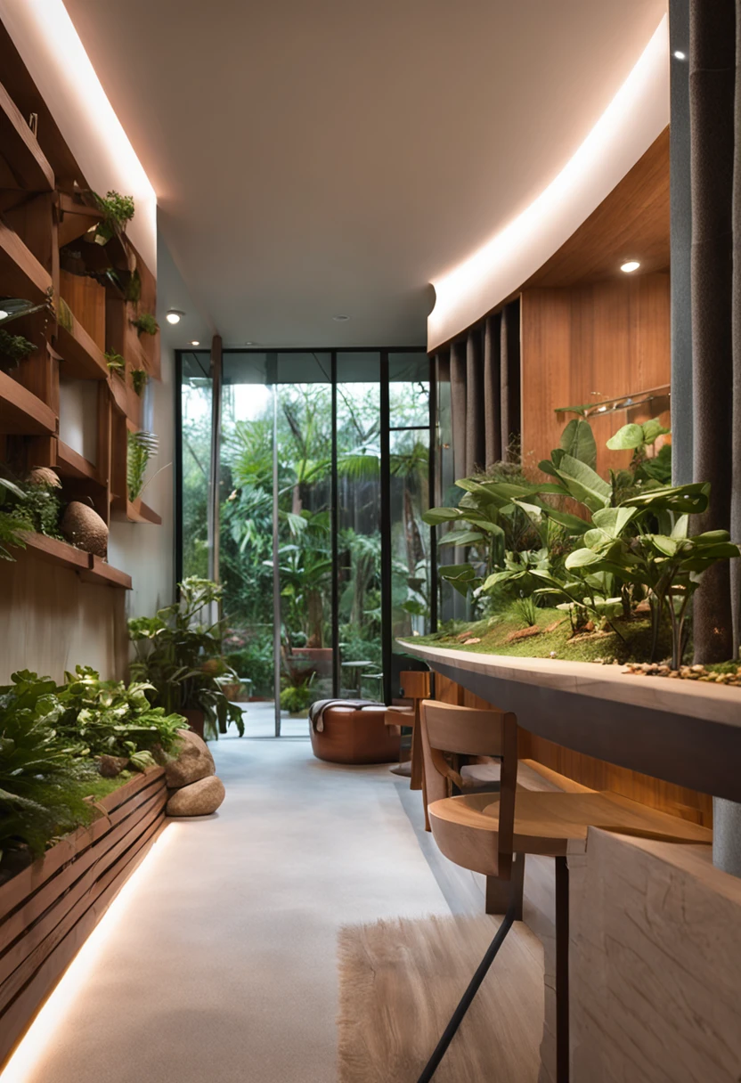 Highlight how the interior garden merges harmoniously with the modern decoration of the room. Descreva os materiais utilizados, como madeira e pedra, to create a smooth transition between the interior space and the garden. Emphasize how this integration brings a sense of calm and serenity to the environment.
