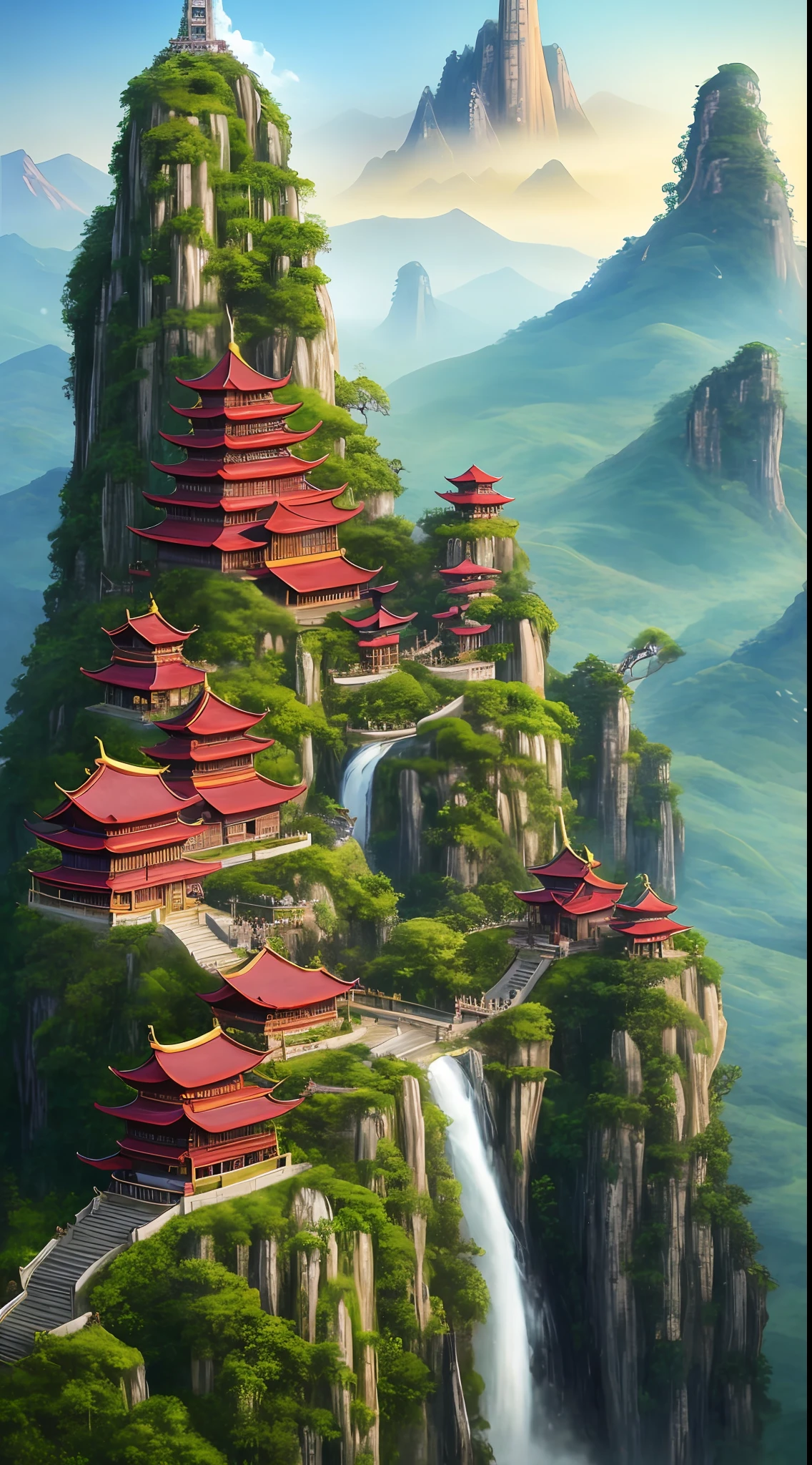2. Mountain view with waterfall and pagoda in the middle, painted scene by Han Gan, winner of cg society competition, fantasy art, dreamy Chinese town, Chinese landscape, Chinese fantasy, made of trees and fantasy valley, ancient city view, order Impressive fantasy landscape, most epic landscape, pagoda on hill, mountainous jungle environment, avatar landscape, chinese village.