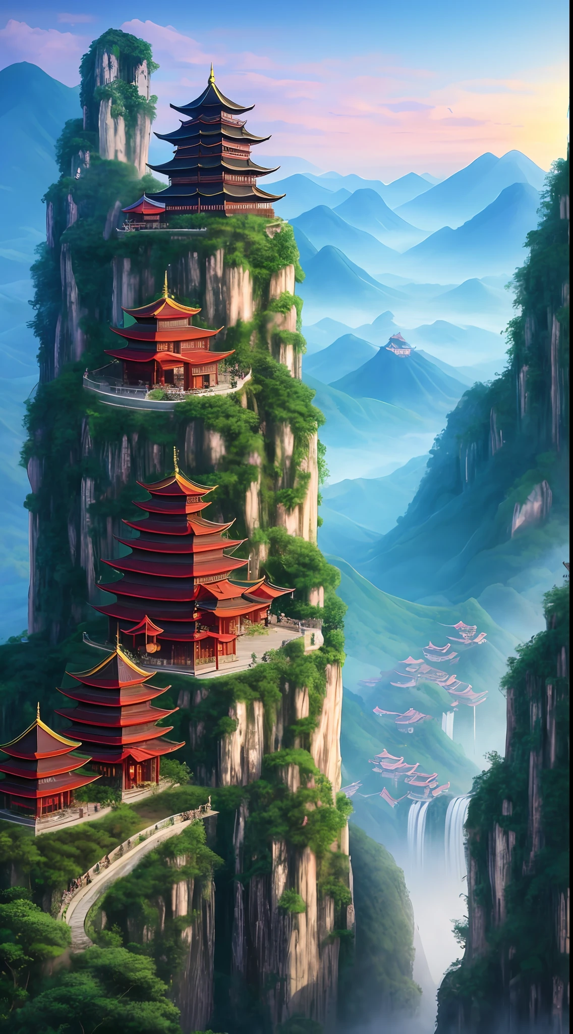 2. Mountain view with waterfall and pagoda in the middle, painted scene by Han Gan, winner of cg society competition, fantasy art, dreamy Chinese town, Chinese landscape, Chinese fantasy, made of trees and fantasy valley, ancient city view, order Impressive fantasy landscape, most epic landscape, pagoda on hill, mountainous jungle environment, avatar landscape, chinese village.