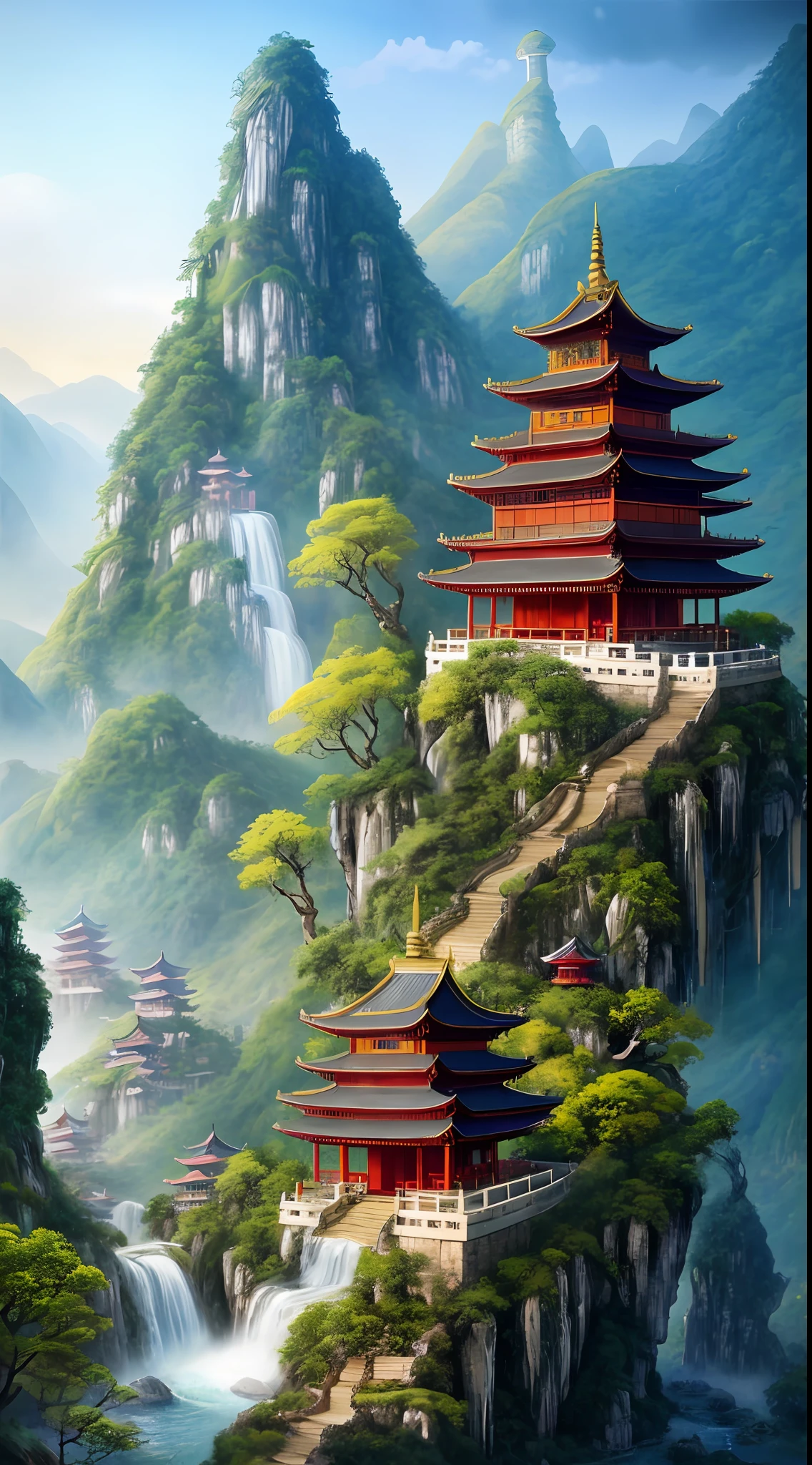 2. Mountain view with waterfall and pagoda in the middle, painted scene by Han Gan, winner of cg society competition, fantasy art, dreamy Chinese town, Chinese landscape, Chinese fantasy, made of trees and fantasy valley, ancient city view, order Impressive fantasy landscape, most epic landscape, pagoda on hill, mountainous jungle environment, avatar landscape, chinese village.