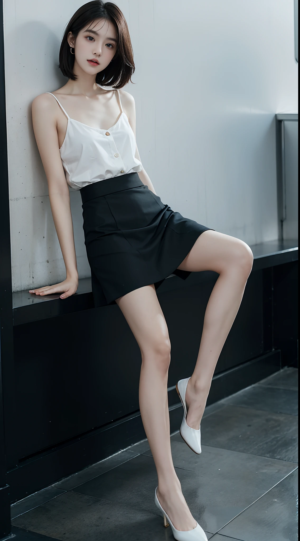 top Quority，Ultra-clear resolution，Clear  eyes，plain face，s the perfect face，White skin，Perfect chest，with perfect legs，Long legs，Short black style skirt，Random environment