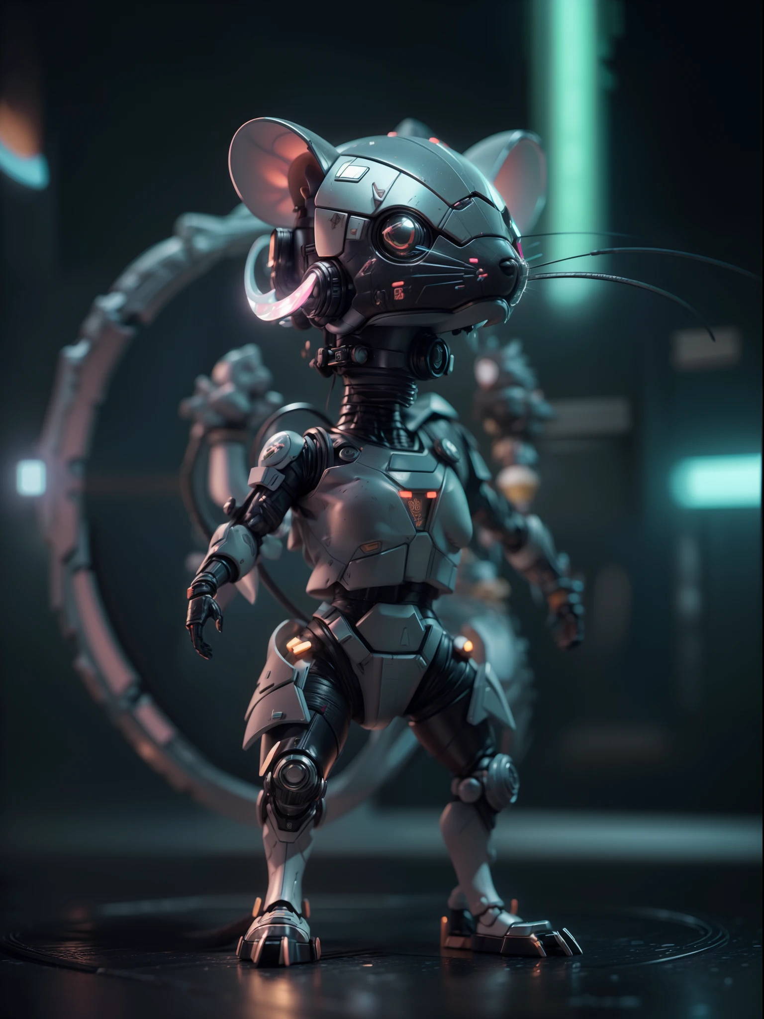 (Blind box toy style:1.3),((Full body shot)),(anthropomorphism),(1 strong rat warrior,solo),transparent plastic mecha,dreamy glow, cyberpunk style,Clean black background,white style,(circular base)( Global illumination, Ray tracing, hdr, unreal render,reasonable design, high detail, Masterpiece, Best quality, hyper HD, Cinematic lighting)