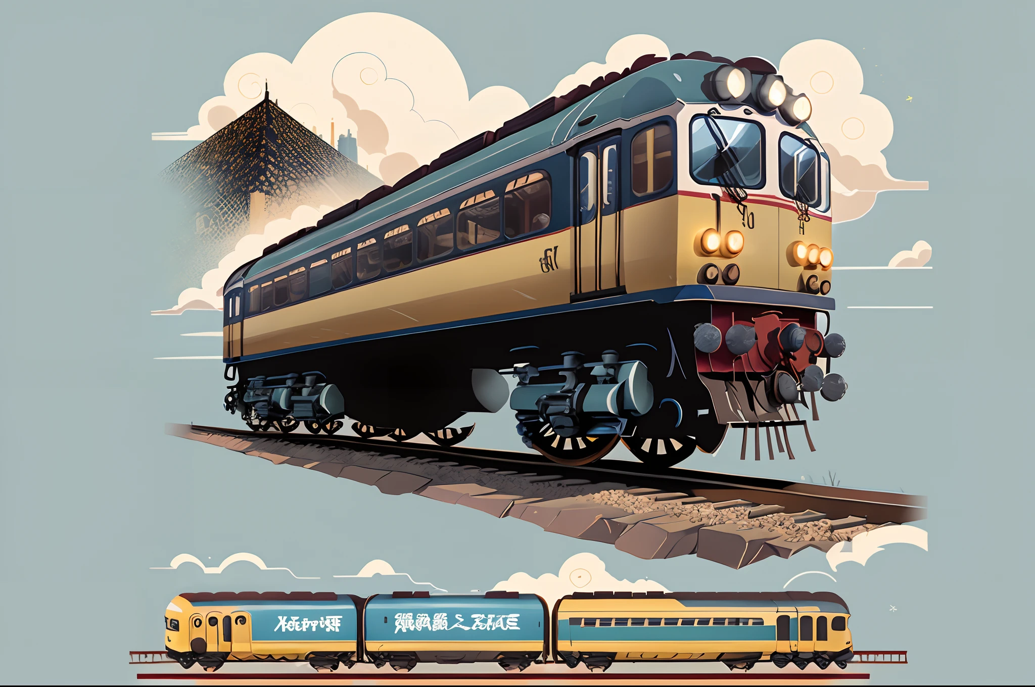 Design a promotional image for a tech company。There should be a railway train in the picture、subways、hsr,buildings,bridges, etc。The requirement is a rectangular horizontal version,Have the dynamic feeling of vehicles whizzing by,It can be expressed with a sense of line,A strong sense of technology。