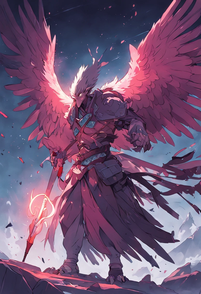 Humanoid vulture，Holding a spear, cold colors, fierce expression, battle scenes