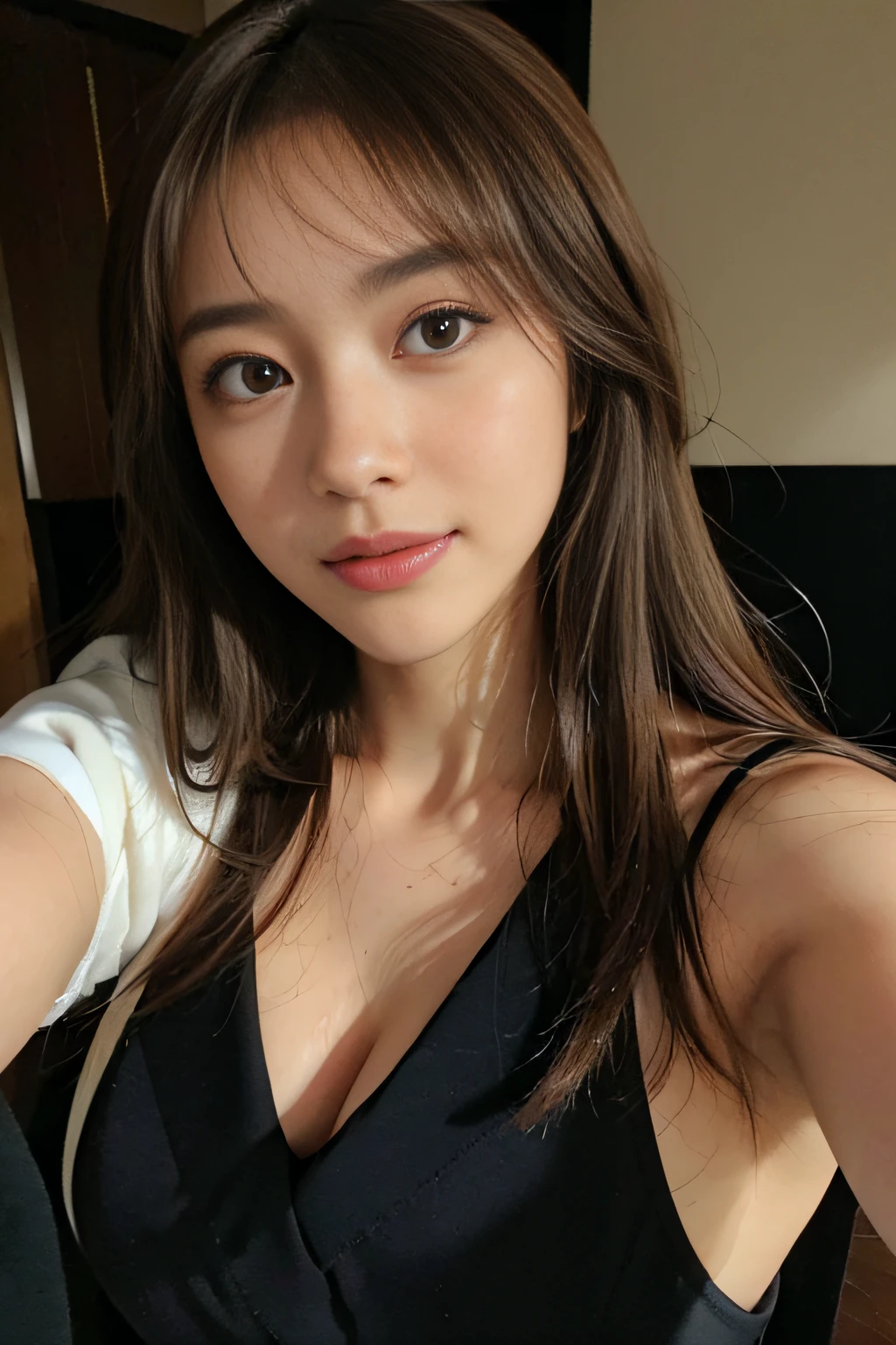 ((beatiful japanse girl:1.3)) (((large breasts:1.2)) ((close-up:1.2)) ((black suit:1.3)) best quality,masterpiece,ultra high res,(photorealistic:1.4),raw photo,(Authentic skin texture:1.3),(film grain:1.3),panorama,character portrait,very wide shot,narrow waist,cowboy shot,(in the dark, deep shadow, low key, cold light,) night,(()),streaming tears,,dust,Tyndall effect,(expression),1girl,beautiful detailed eyes and face,white jabot,brown eyes,((brown hair:1.2)) ((smile:1.3)) ((upper body:1.2)) ((selfie:1.3))