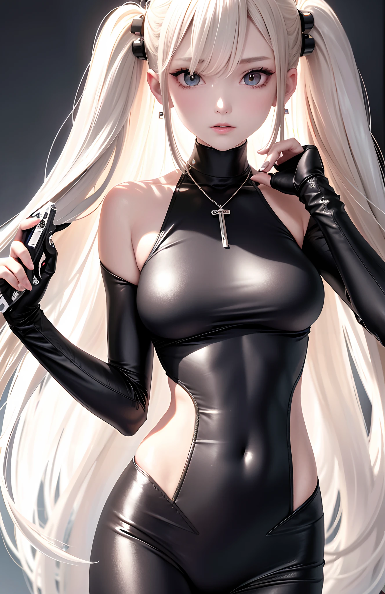 Best Quality,High resolution,8k,(plain white background, no patterns, no textures, just a plain white background:1.3),Masterpiece:1.2),beautiful girl,(focus face),Glossy, dark green hair,pony tail,Beautiful green eyes,A chic and stylish girl with a cool, edgy vibe. She is dressed in a black turtleneck top and a sleek leather skirt, complemented by ankle boots. Her accessories include a silver chain bracelet and small stud earrings. The overall look is monochromatic, exuding sophistication and modern fashion sense. The background is completely white, creating a clean and minimalistic focus on the girl's bold fashion choices.
. ,Gentle look,A refreshing look,smile,Best quality,Best Quality,Aesthetic and aesthetic:1.2,Best details((Super detailed))(High-definition CG illustrations),Slender body,smile,blush,cute,Scrounge,Looking up,Being spoiled,super model