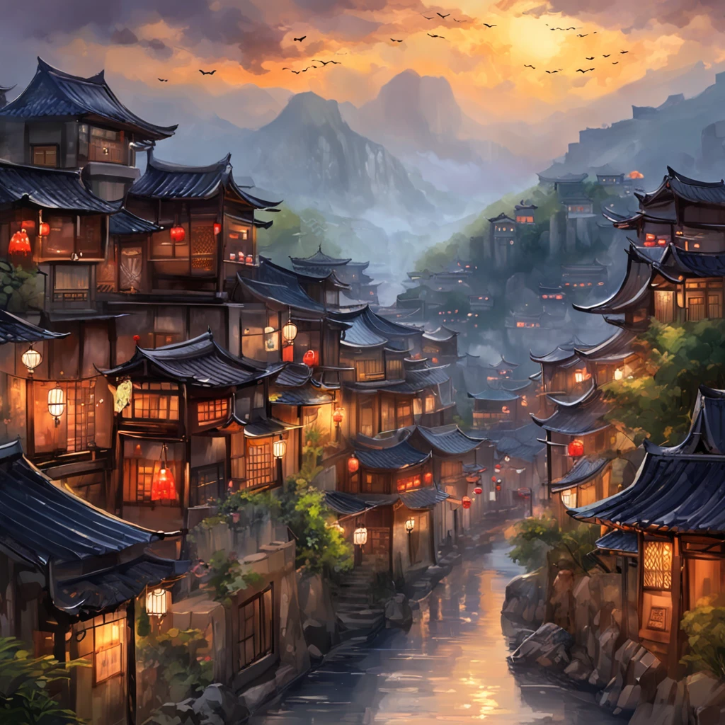 arafed view of a village with a lot of lights on the buildings, dreamy chinese town, chinese village, amazing wallpaper, japanese town, japanese village, hyper realistic photo of a town, old asian village, japanese city, by Raymond Han, rainy evening, cyberpunk chinese ancient castle, beautifully lit buildings, at evening during rain, beautiful and aesthetic, photography, cinematic, 8k, high detailed ((Heavy rain)))