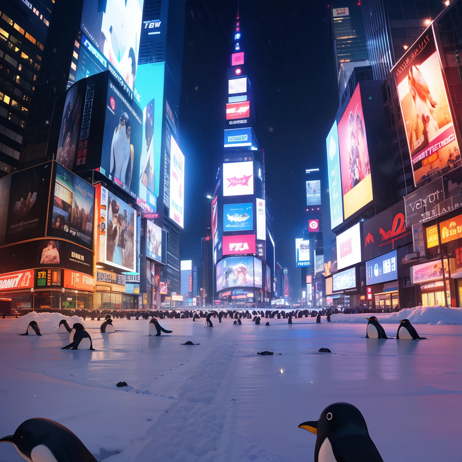 A large number of creatures of penguins are flying from the sky in Times Square at night Heavy snow is falling.