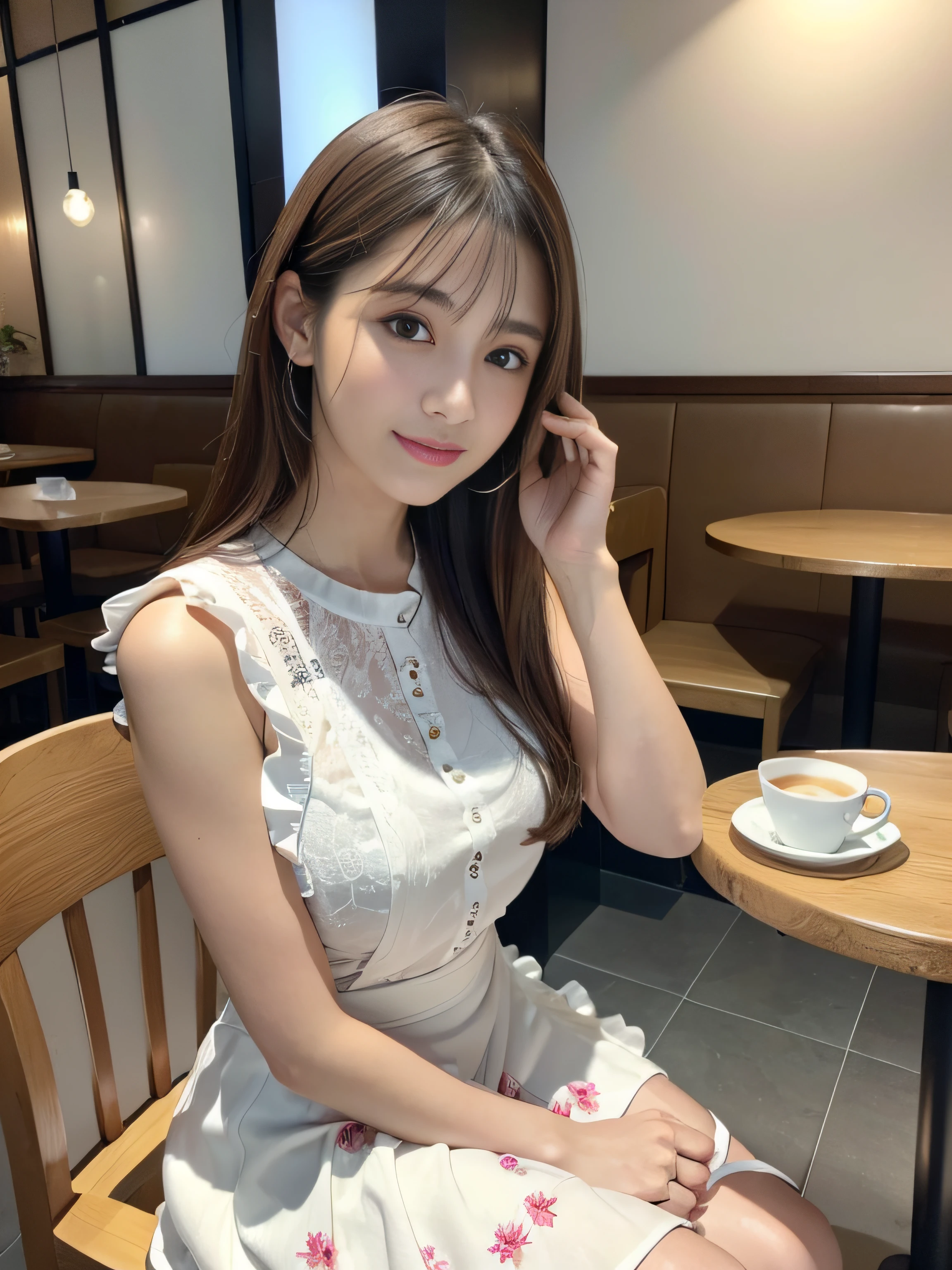 8K、Raw photography、(masuter piece:1.2)、(Photorealsitic:1.2)、(best qualtiy)、((Sleeveless with white frills))、((Adult woman in floral white skirt))、((japanes、30-years old))、Light brown hair in one woman、((full body Esbian))、make - up、Smart body、A smile、Poses variadas、hyperdetailed face、A detailed eye、((No close-ups))、(Inside the café、Sitting on a chair)