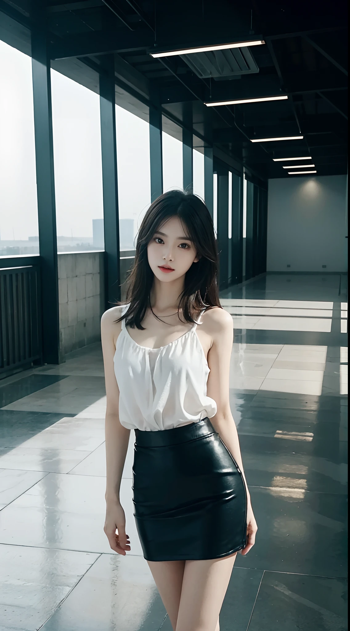 top Quority,Ultra-clear resolution,Clear eyes,plain face,s the perfect face,White skin,Perfect chest,with perfect legs,Long legs,Short black style skirt,Random environment