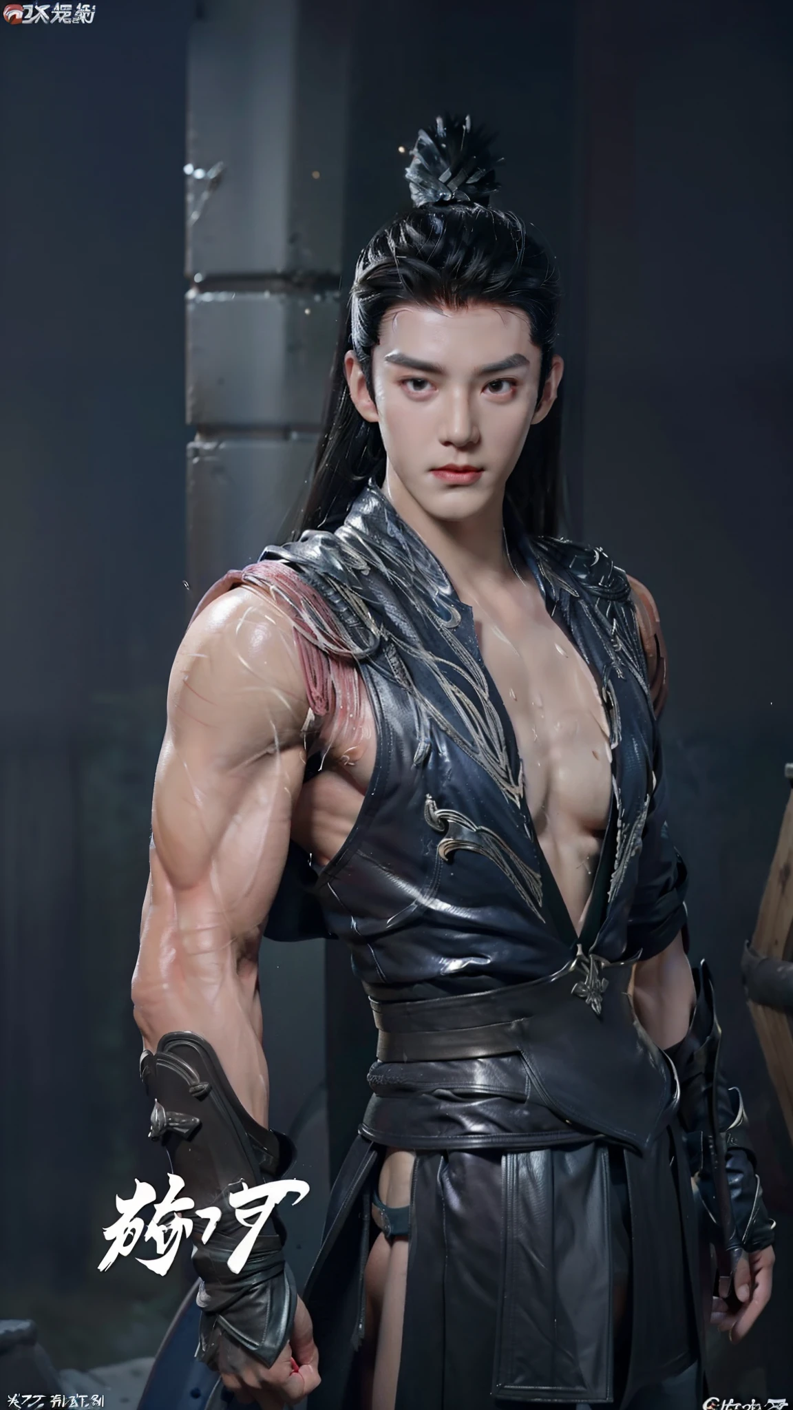 A tall muscular boy , Naked , Legs spread , （The whole body of the character），impact , Sweaty , Wet , Seductive , Bigboobs , large bulge , big balls , big assa，Exposing the pectoral muscles，Wu Yifan，armour，