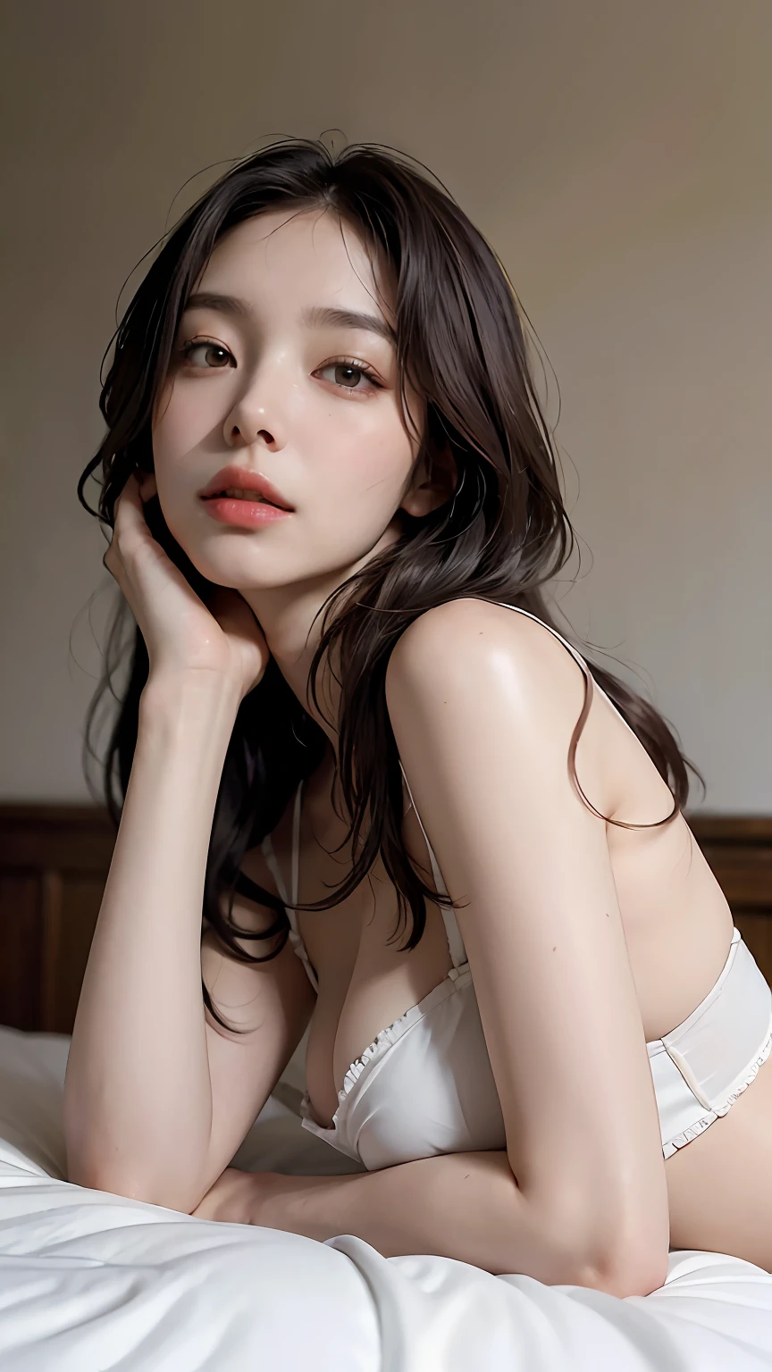 ((Realistic lighting、top-quality、8K、masterpiece:1.3))、Clear focus:1.2、One full-body、Full body beauty in a perfect body、Slim abs:1.1、((dark brown hair、Colossal tits))、(outside of house、natta:1.1)、the city street、Super fine face、Narrow-eyed、二重まぶた、Put your hands on your head、lying on one's side on bed。