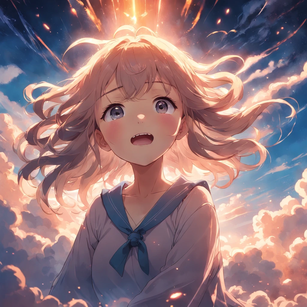masterpiece, best quality, movie still, 1girl, cloud girl, floating in the sky, close-up, bright, happy, warm soft lighting, sunset, (sparks:0.7)