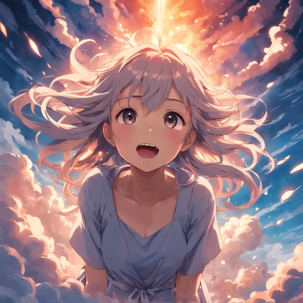 masterpiece, best quality, movie still, 1girl, cloud girl, floating in the sky, close-up, bright, happy, warm soft lighting, sunset, (sparks:0.7)